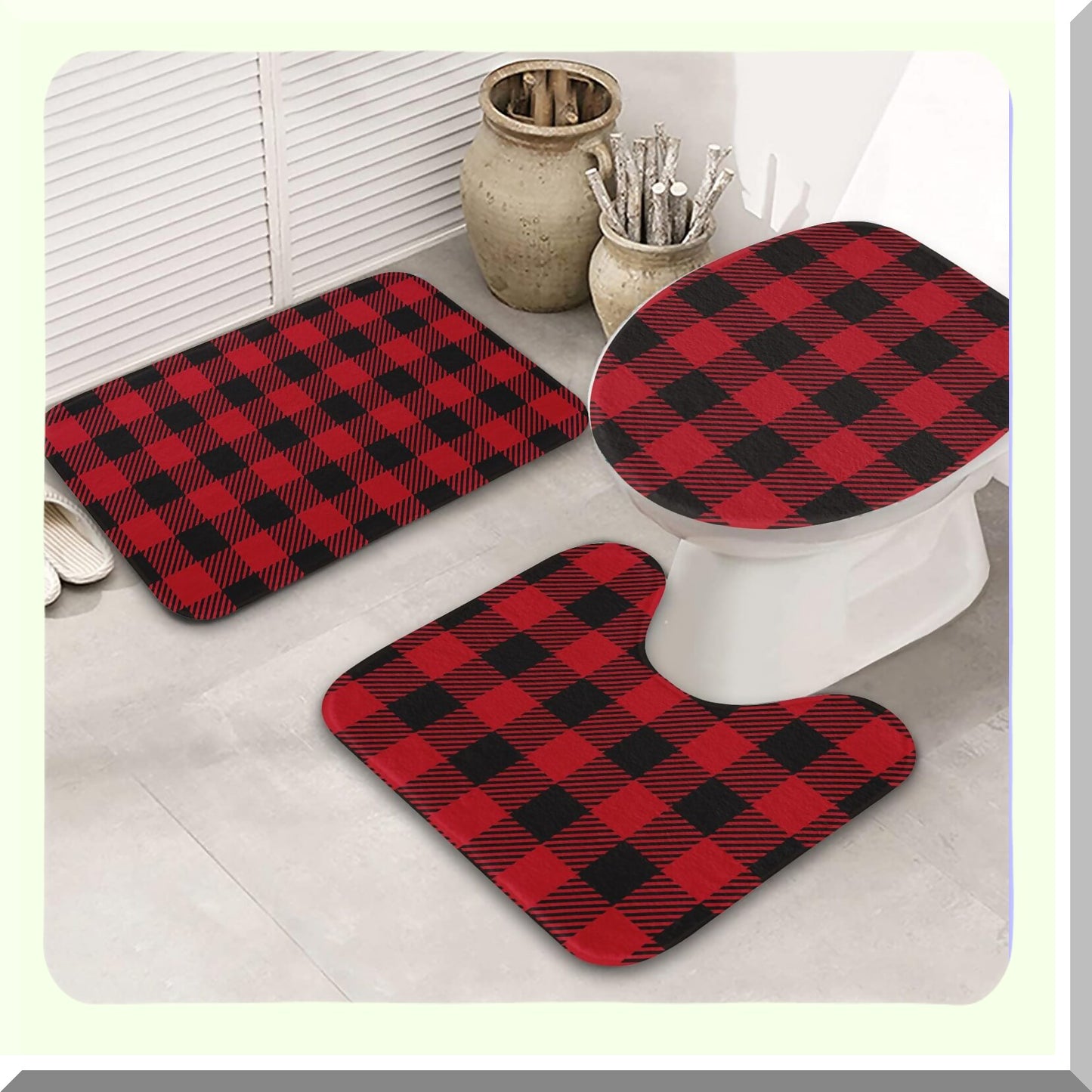 Red Black Buffalo Check Bathroom Rugs Set 3-Piece