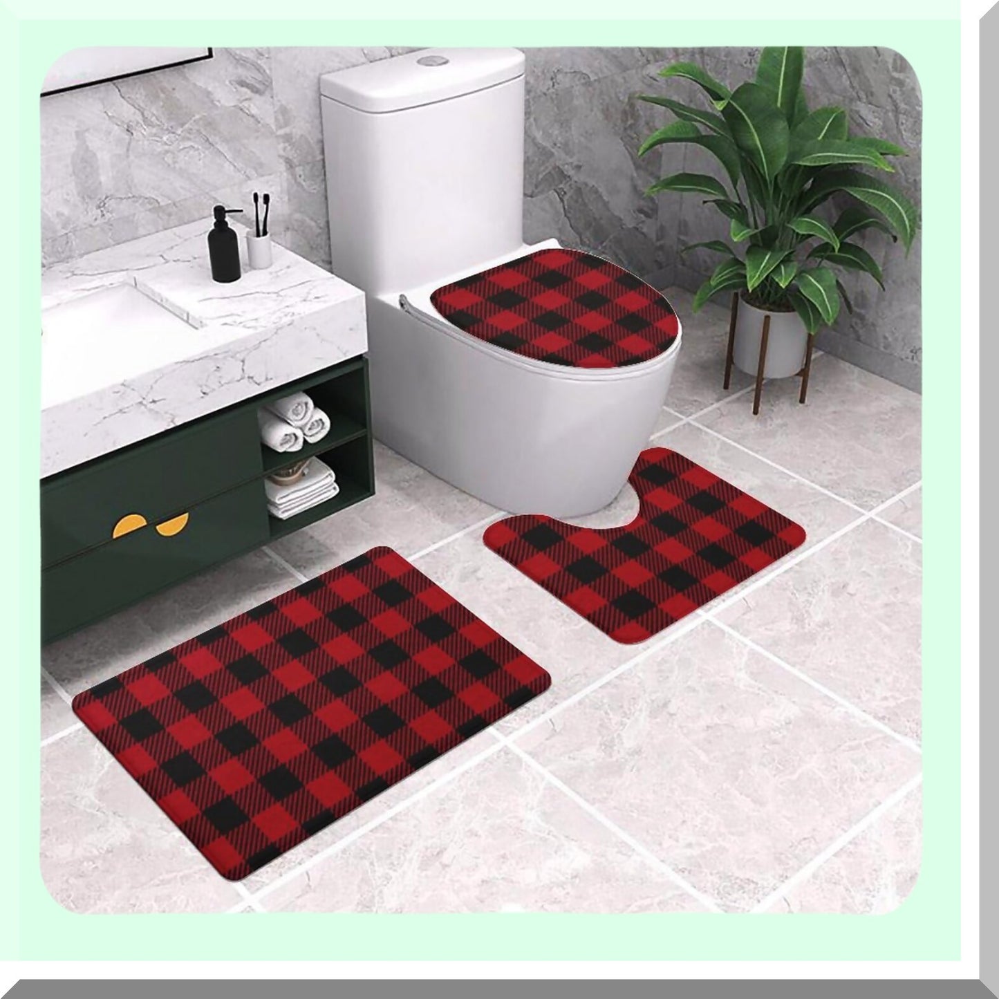 Red Black Buffalo Check Bathroom Rugs Set 3-Piece