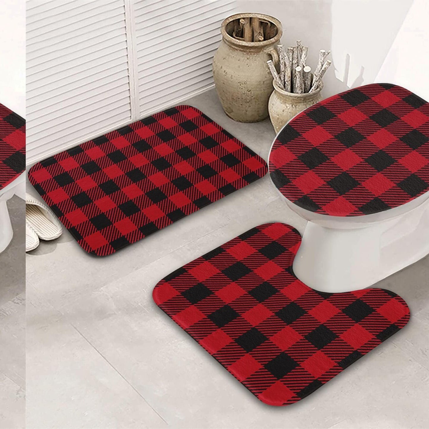 Red Black Buffalo Check Bathroom Rugs Set 3-Piece