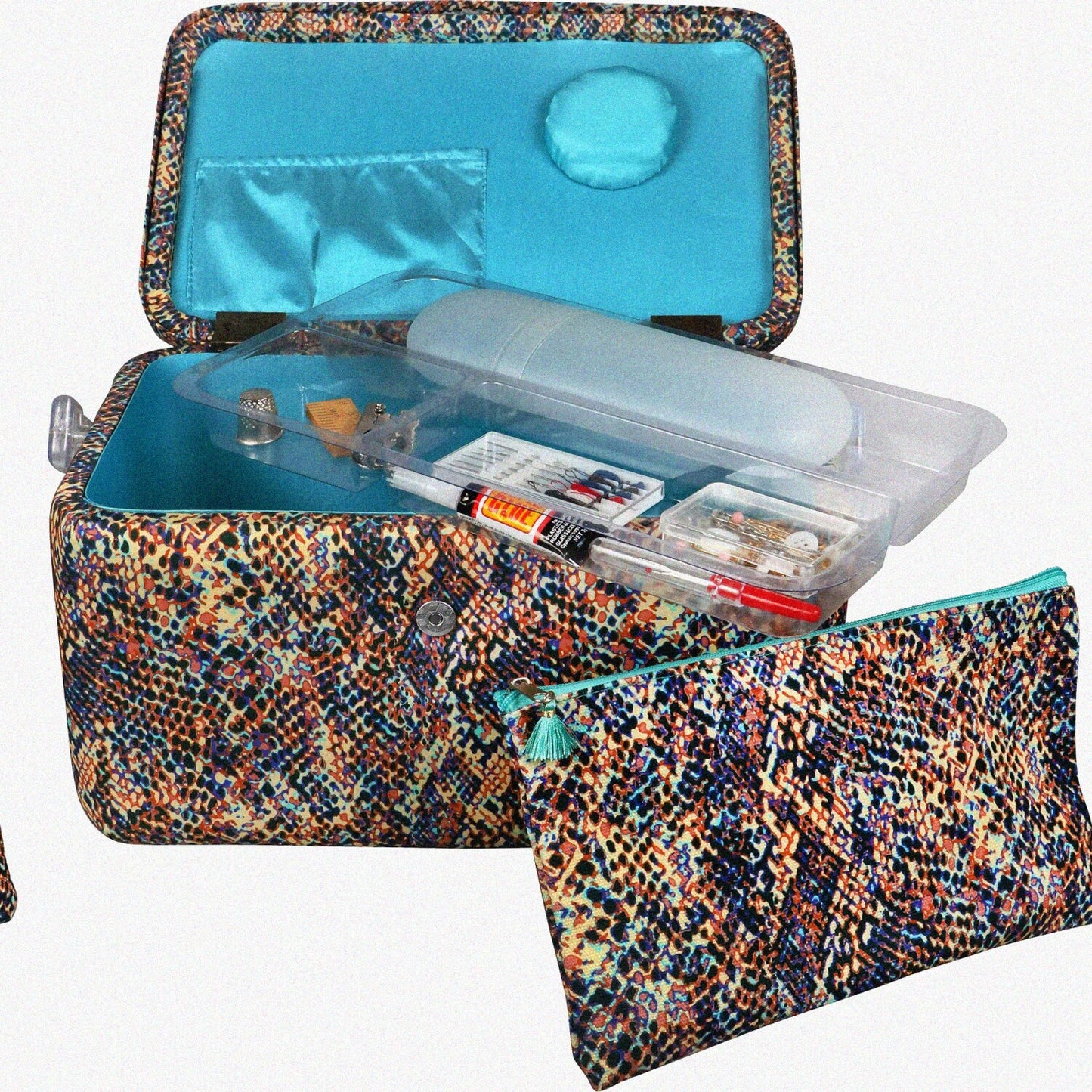 Large Multicolored Snake Print Tackle Basket with Sewing Kit