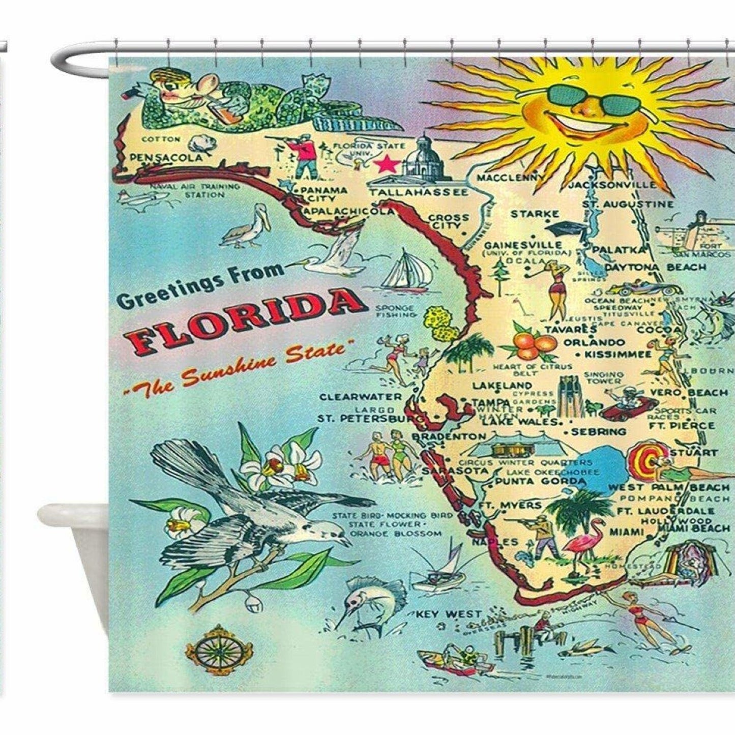 Waterproof Fabric Shower Curtain 70x70in Vintage Florida Map
