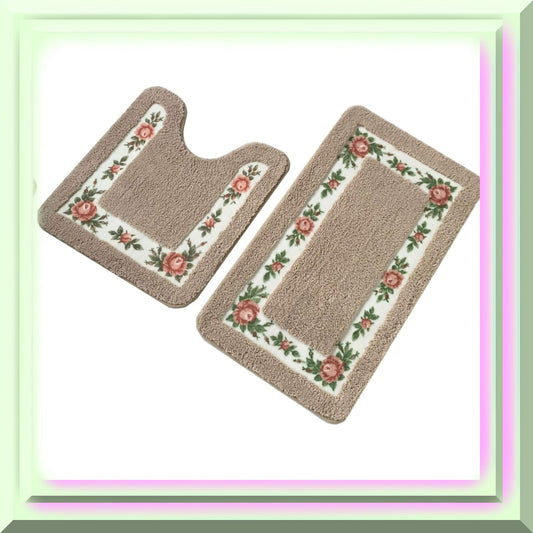 Bathroom Rugs Floral Rose Set of 2 Non Slip Shaggy U-Shaped