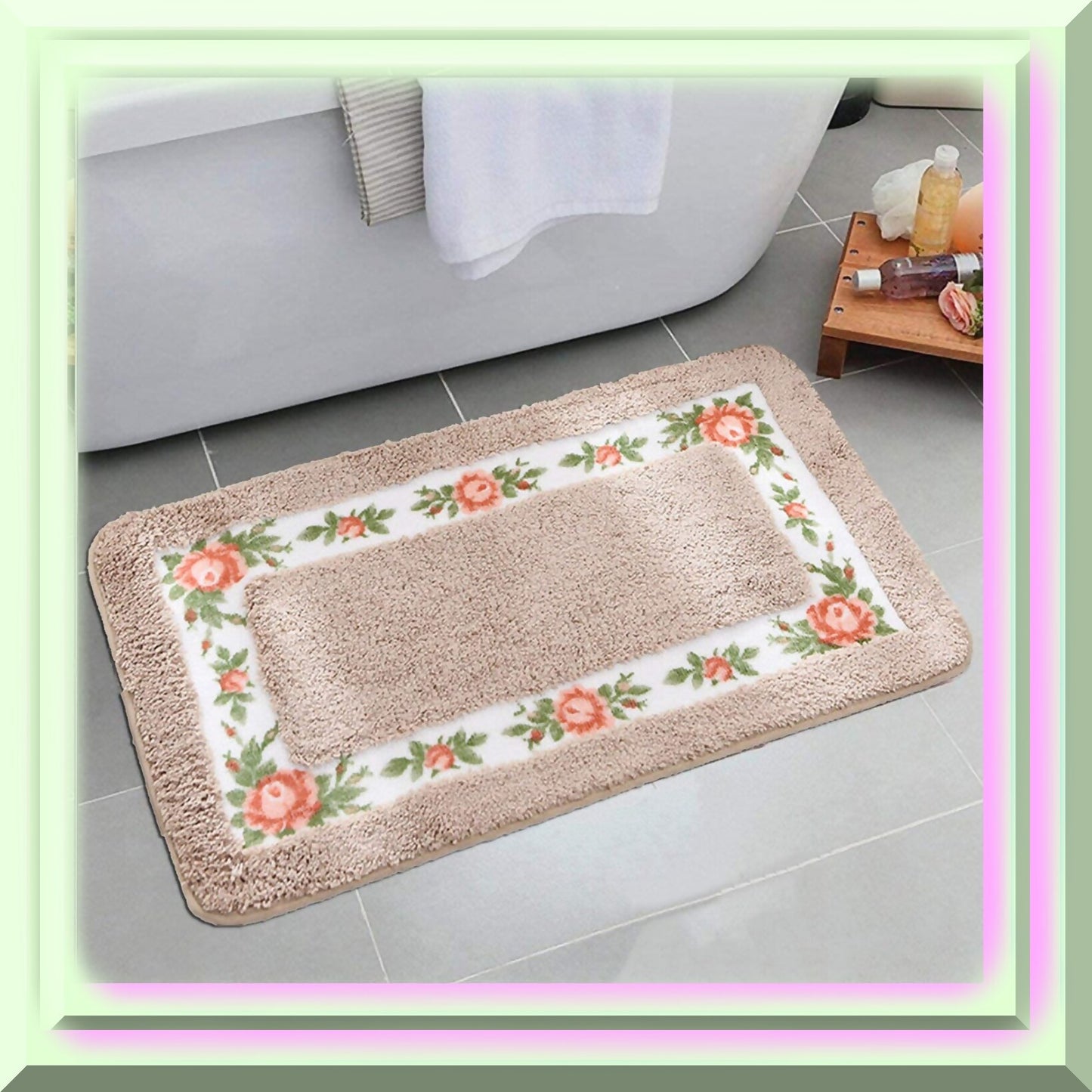 Bathroom Rugs Floral Rose Set of 2 Non Slip Shaggy U-Shaped