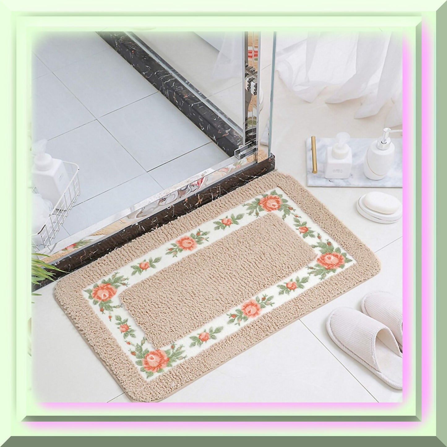 Bathroom Rugs Floral Rose Set of 2 Non Slip Shaggy U-Shaped