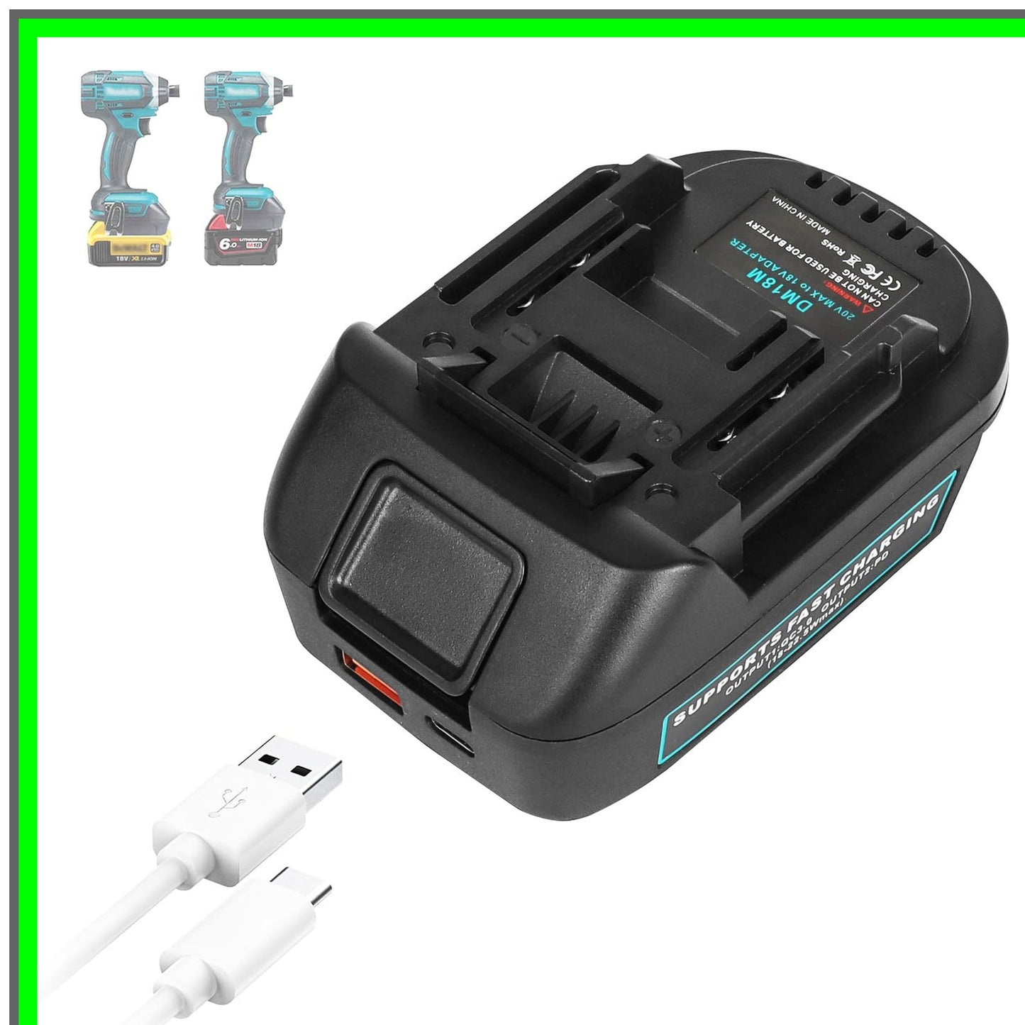 Milwaukee to Makita 18V Battery Adapter with USB Type-C Charging Socket