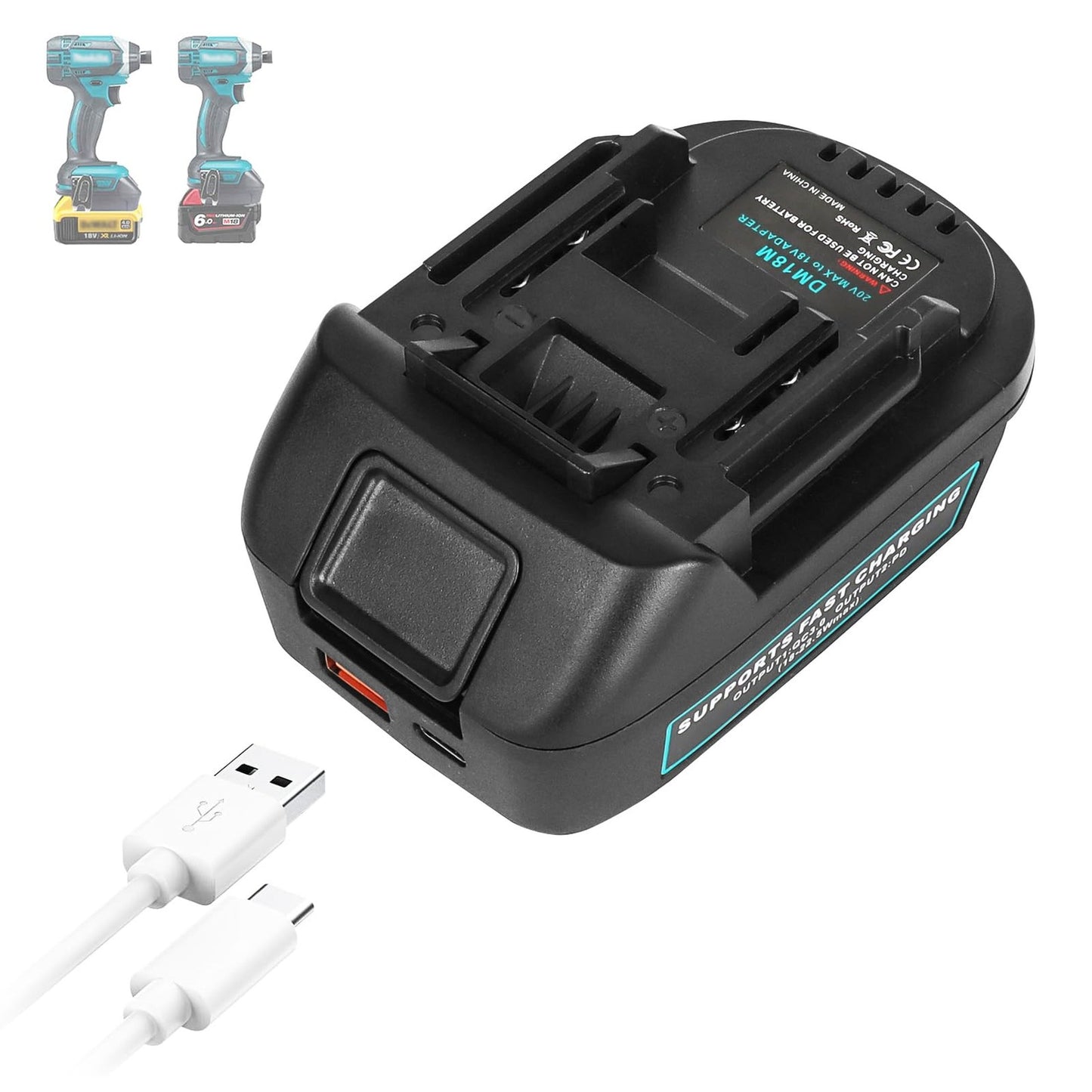 Milwaukee to Makita 18V Battery Adapter with USB Type-C Charging Socket