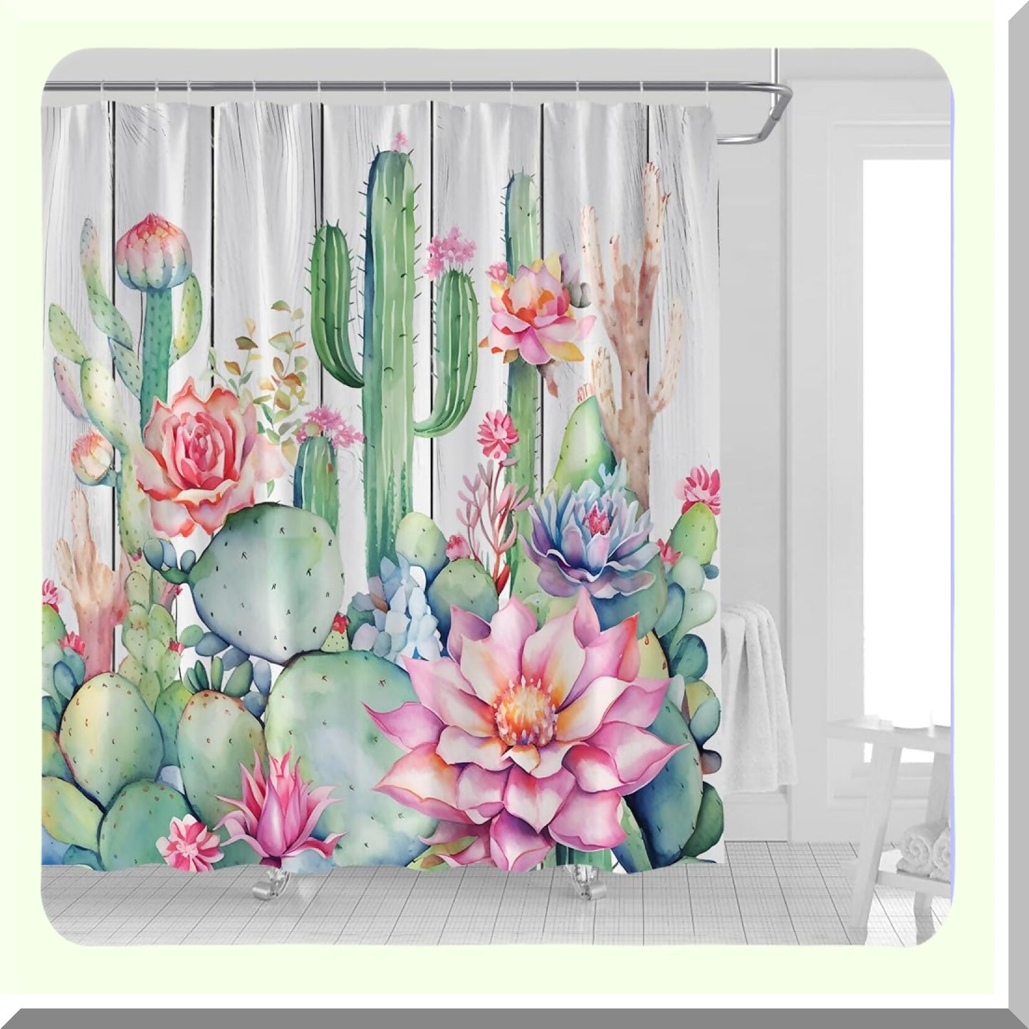 Rustic Cactus Green Fabric Shower Curtain 70x70