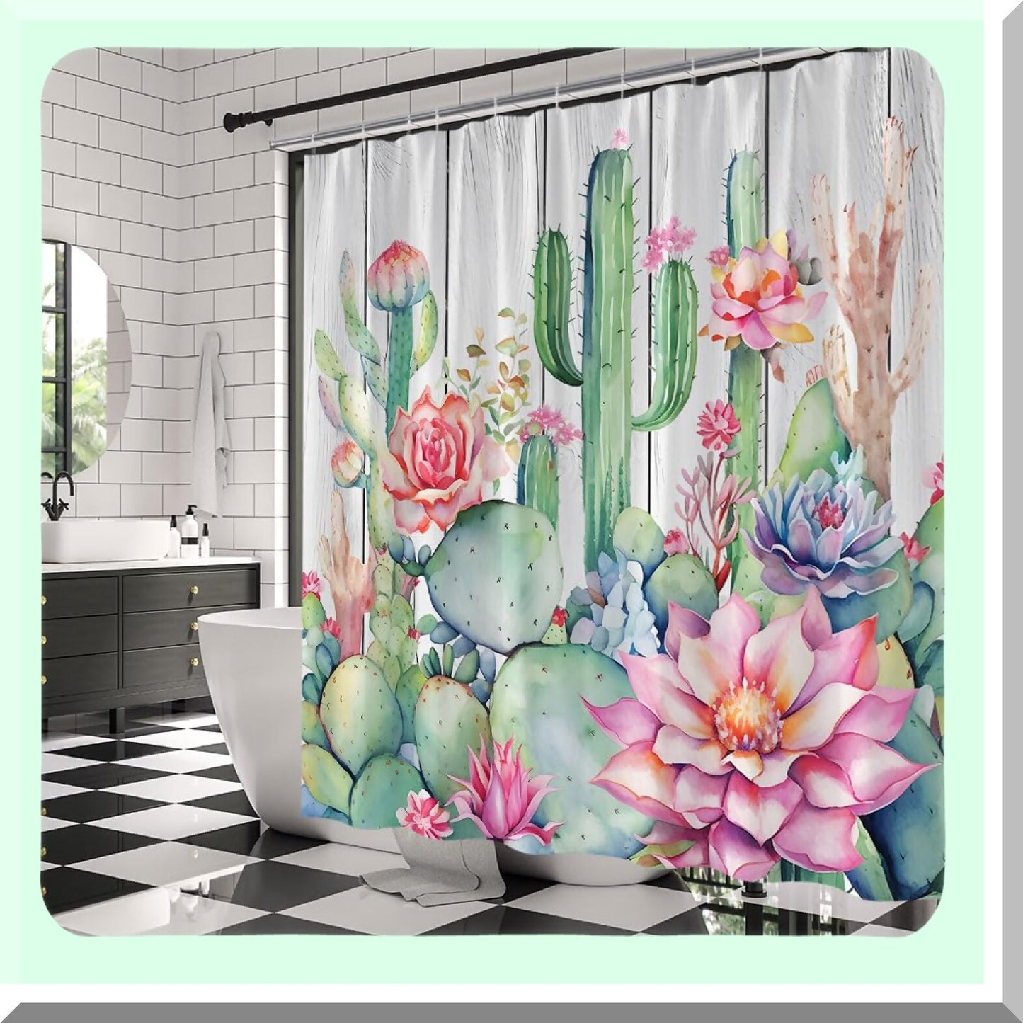 Rustic Cactus Green Fabric Shower Curtain 70x70