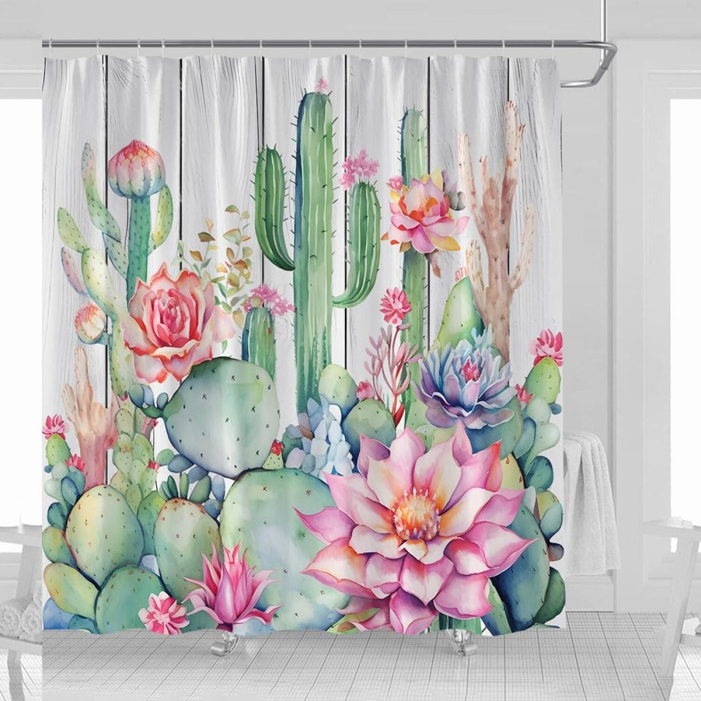 Rustic Cactus Green Fabric Shower Curtain 70x70