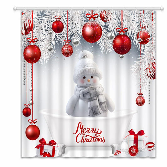 Snowman Red Xmas Balls Holiday Fabric Shower Curtain