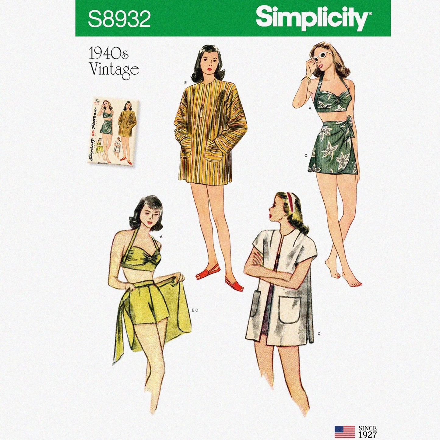 S8932 Misses' Vintage Top Shorts Wrap Skirt Coat Pattern