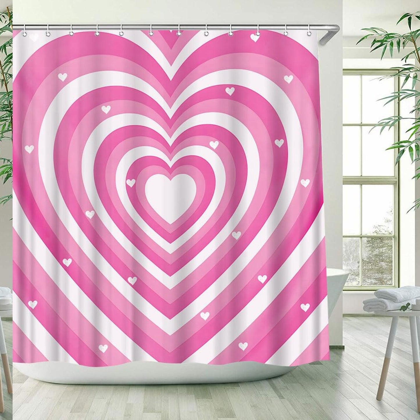 Pink and White Heart Shower Curtain with Hooks