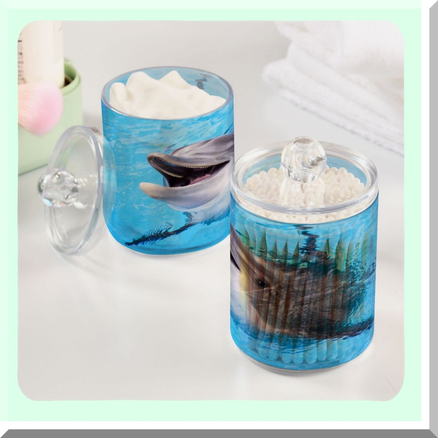Dolphin Qtip Holder with Lid 2PCS Clear Plastic