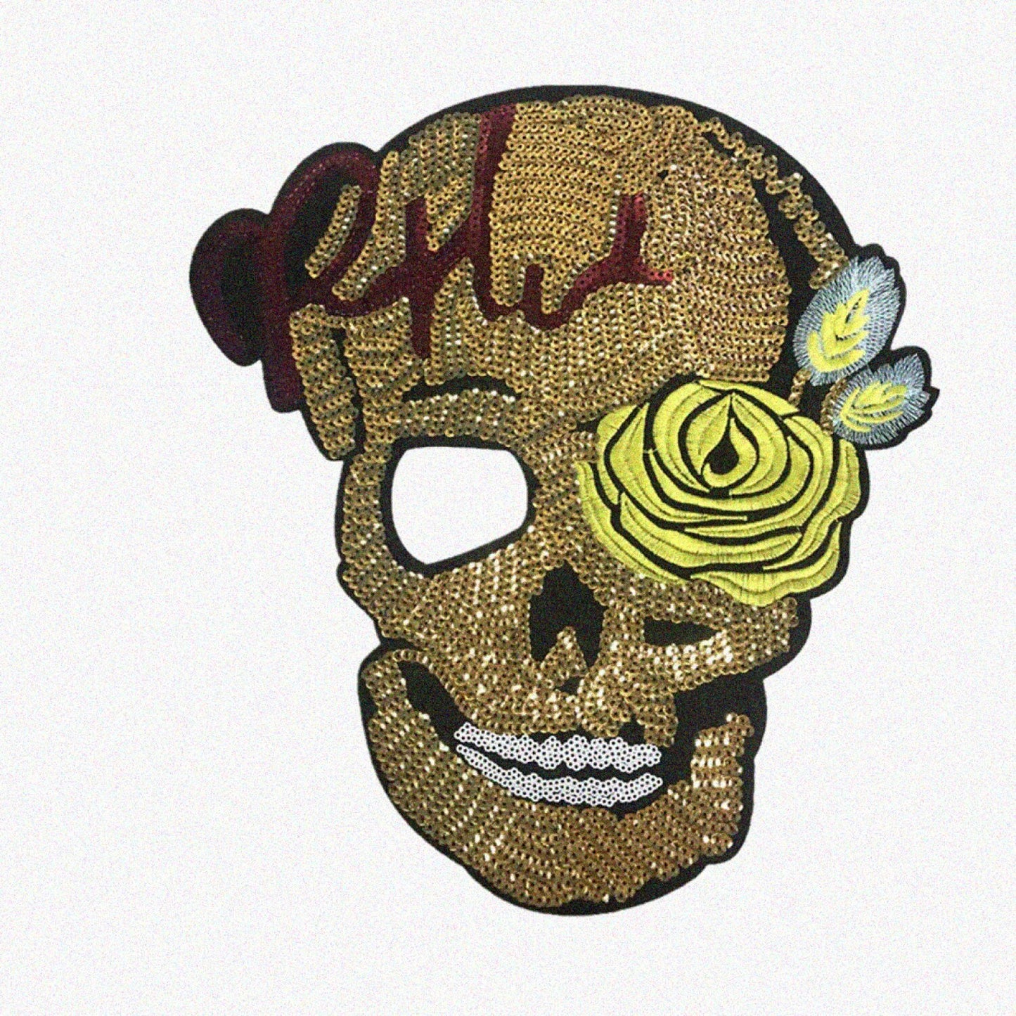 Sew On Golden Skull Rose Sequins Patch 11"