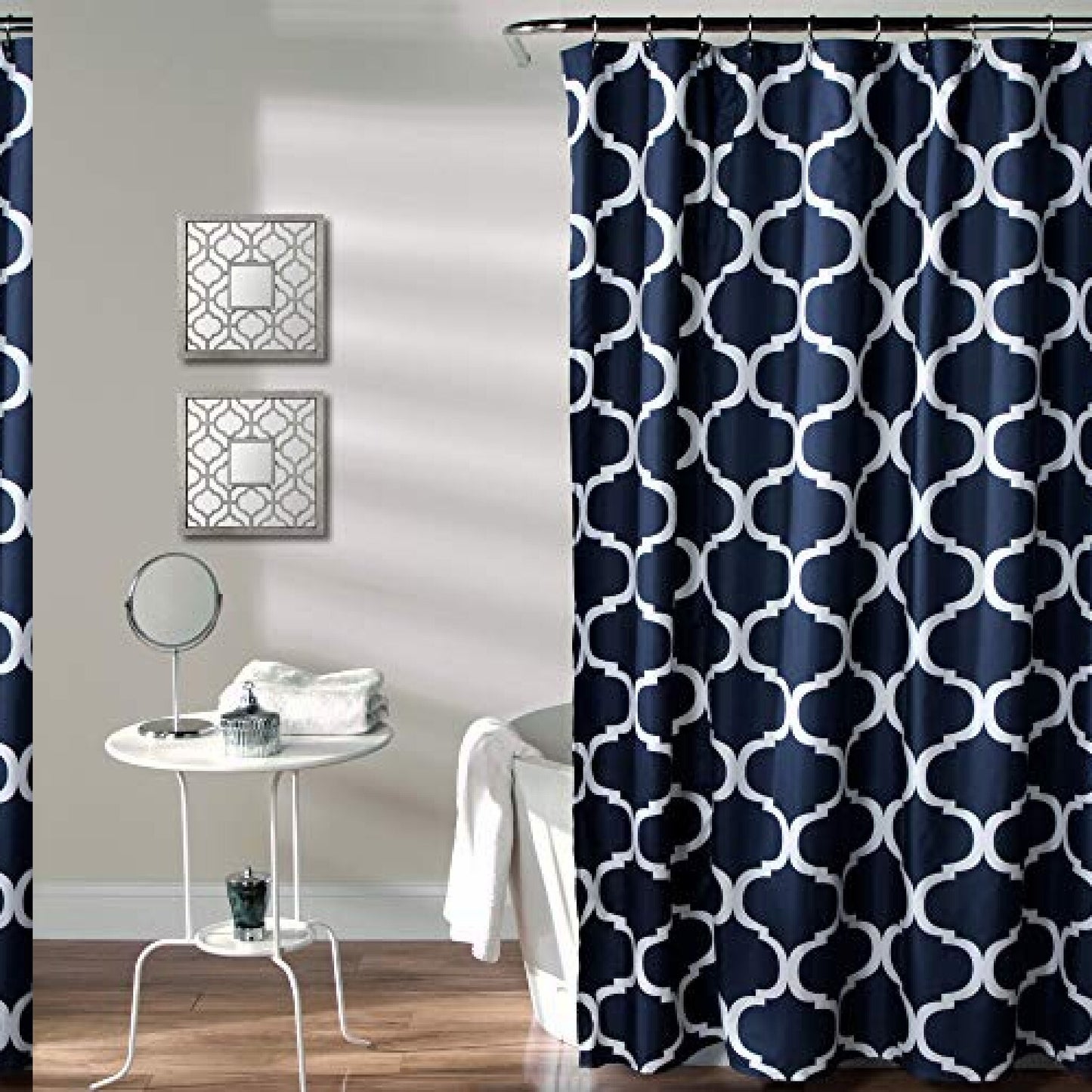 Navy Shower Curtain with Trellis Print 72x72