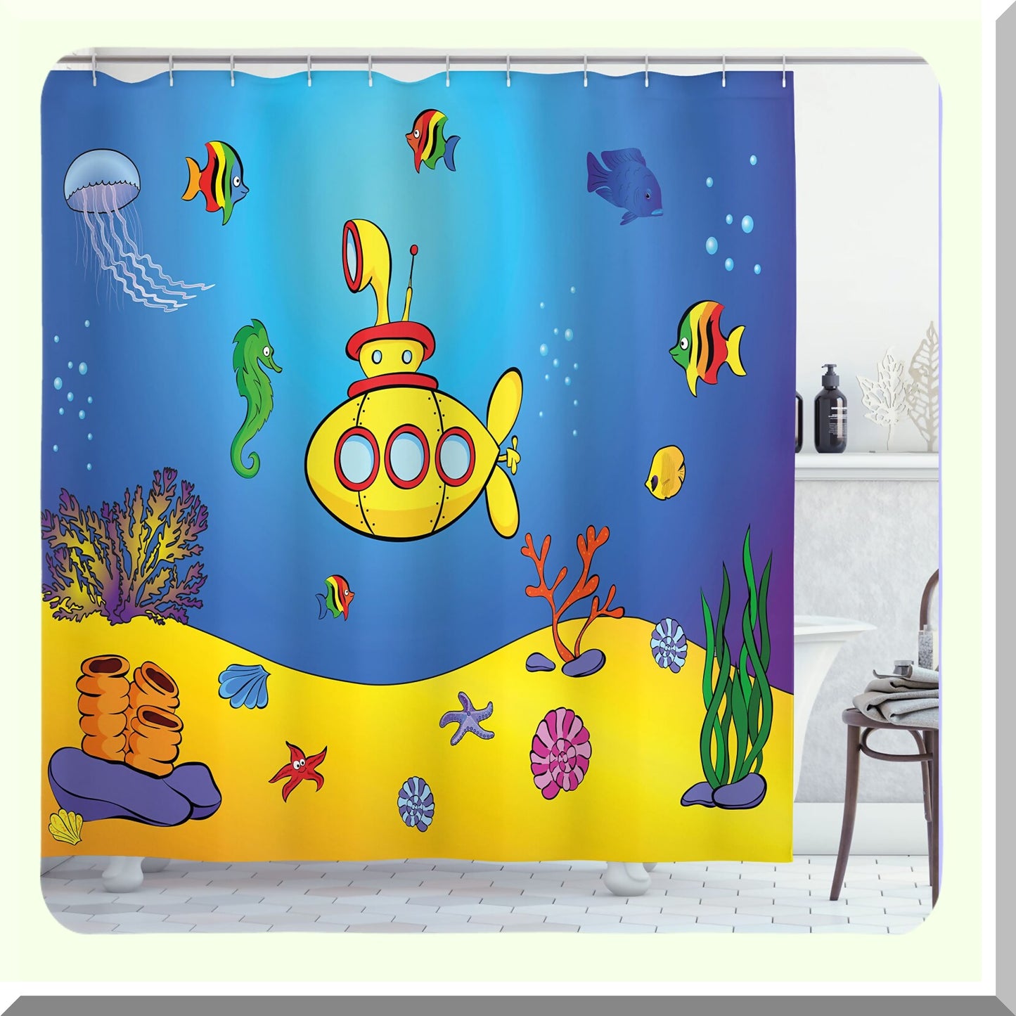 Yellow Submarine Nautical Shower Curtain 69x84 inches