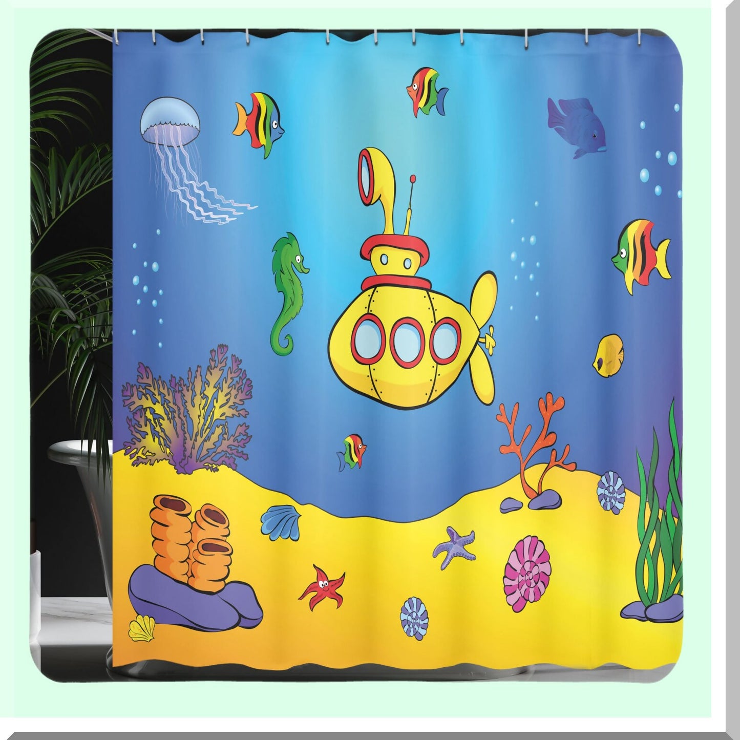 Yellow Submarine Nautical Shower Curtain 69x84 inches