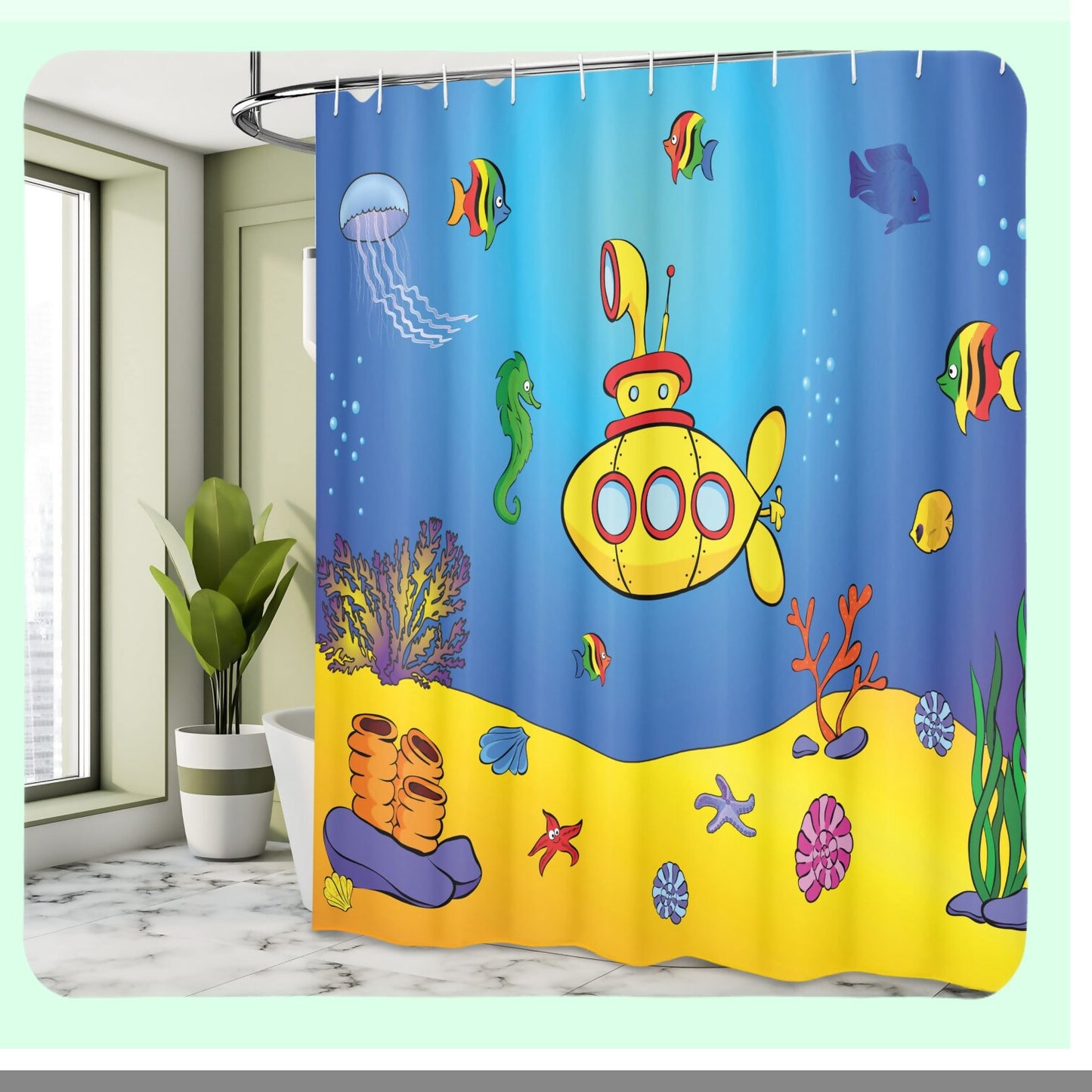 Yellow Submarine Nautical Shower Curtain 69x84 inches