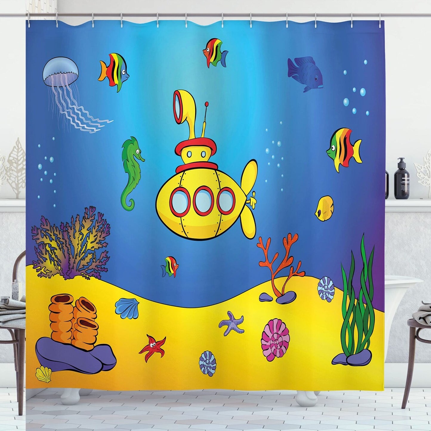 Yellow Submarine Nautical Shower Curtain 69x84 inches