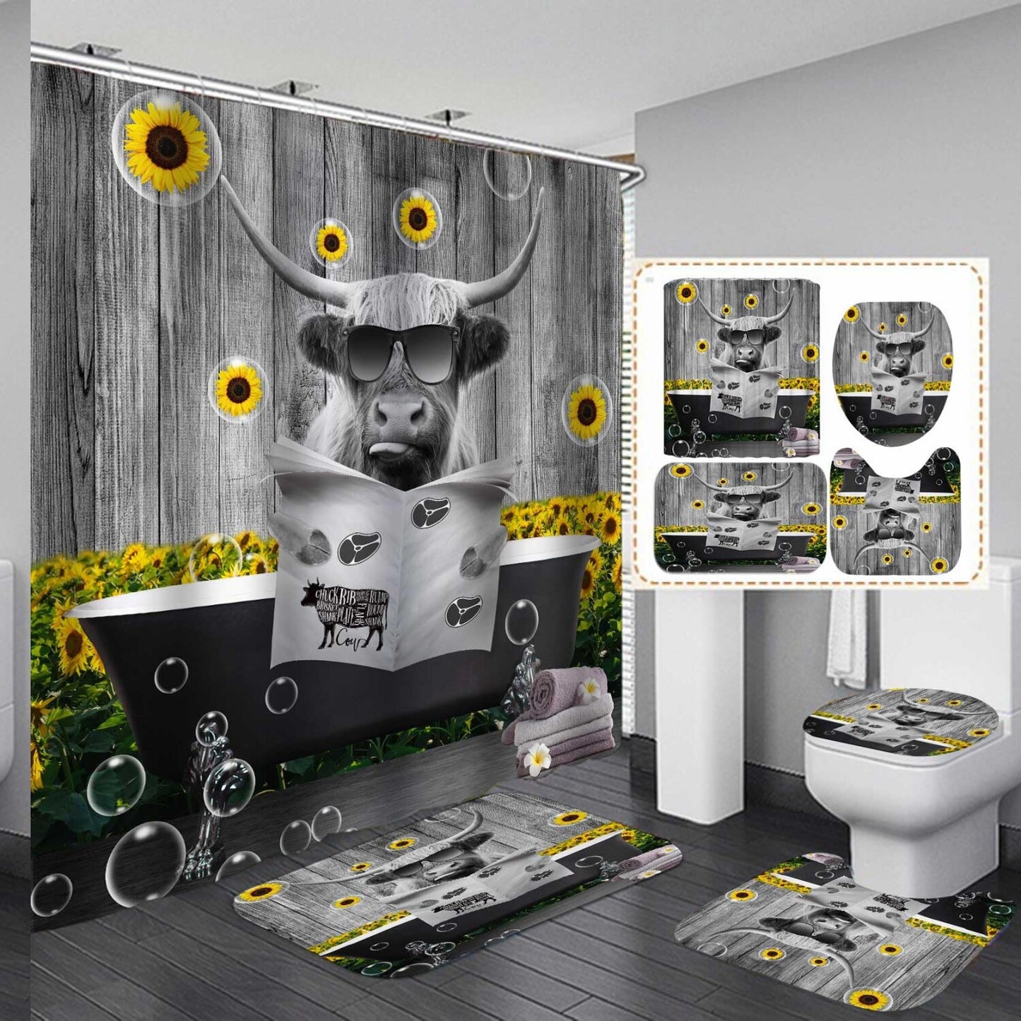 4PCS Highland Cow Shower Curtain Set with Bath Mats
