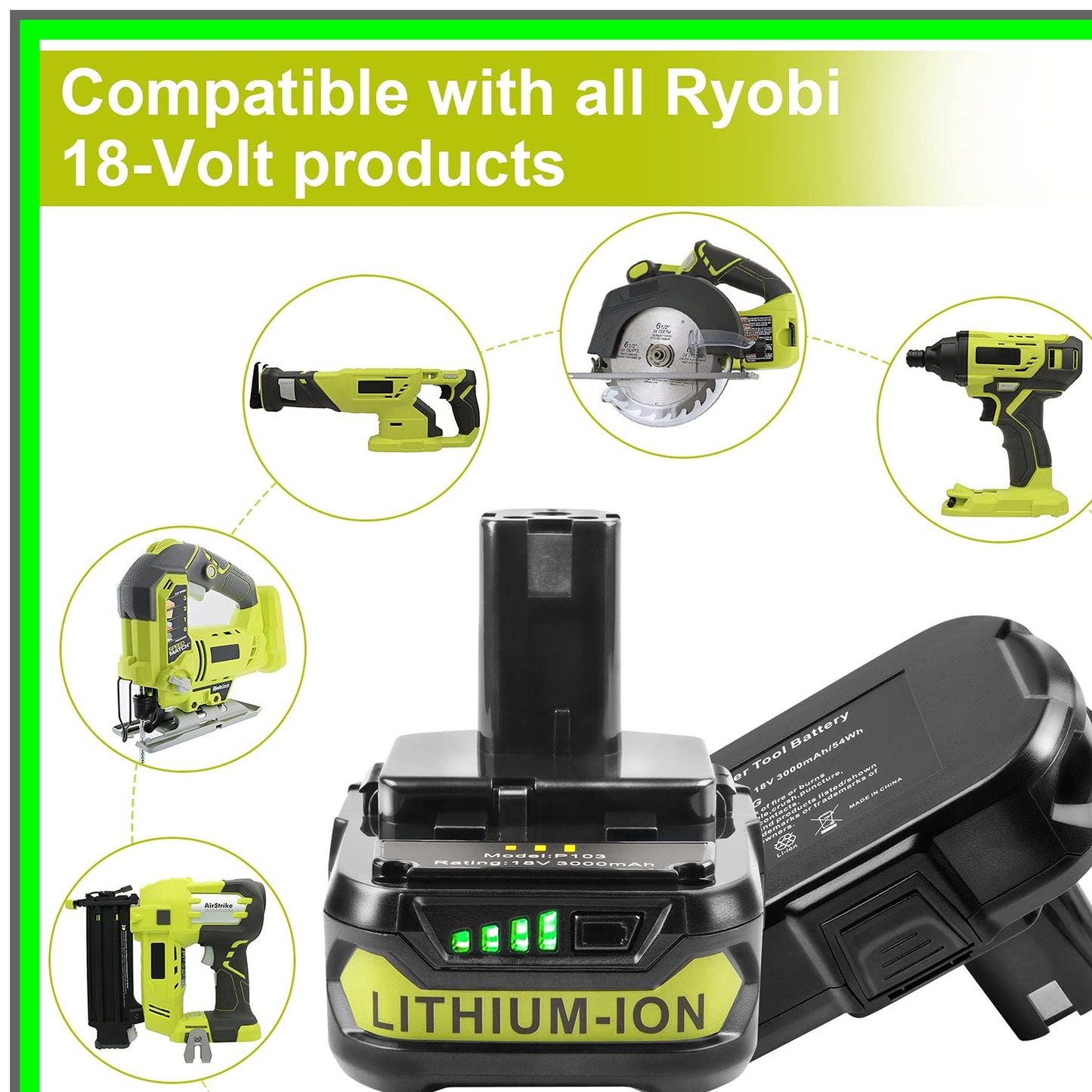 High-Capacity 3000mAh 18V Lithium Battery for Ryobi ONE+ Tools