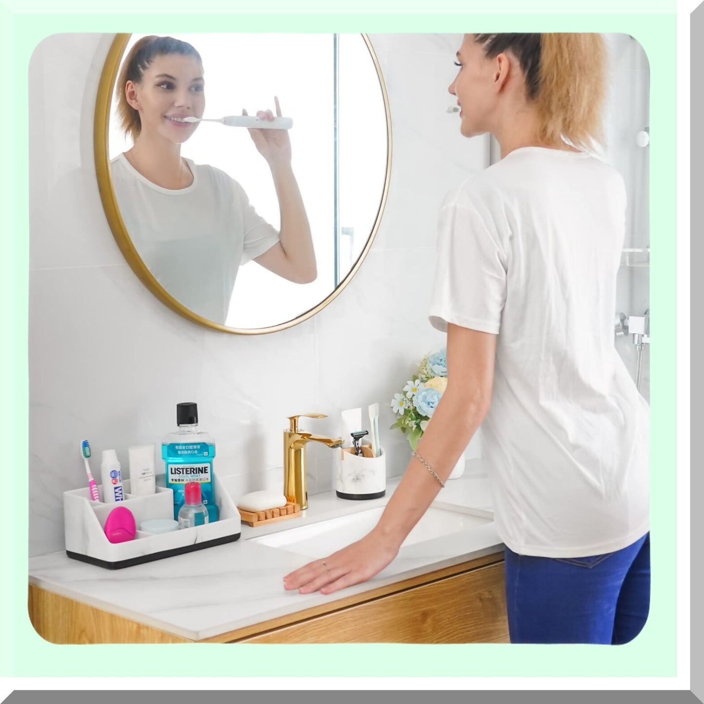 Toothbrush Holder Bathroom Organizer with 5 Compartments White Resin