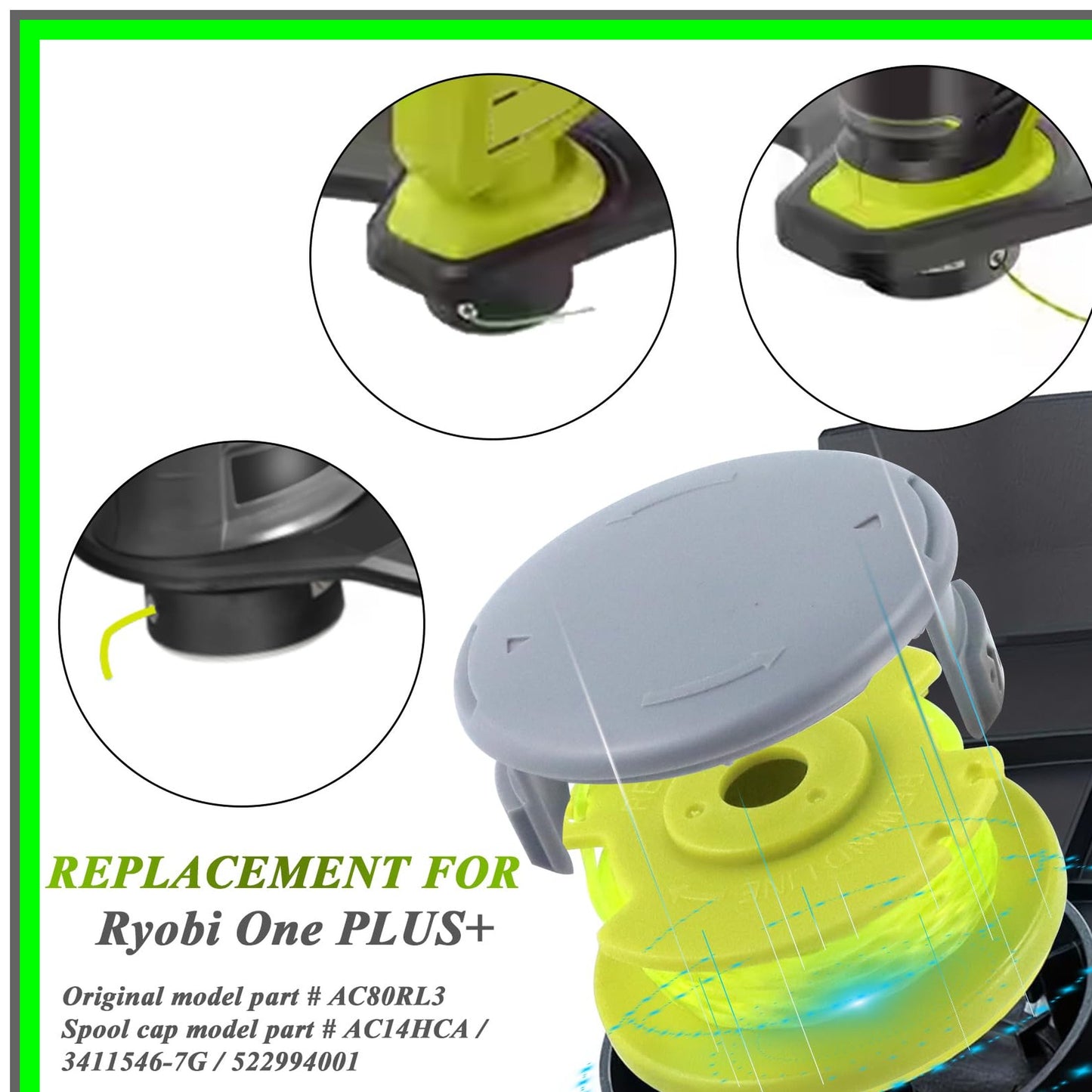 Ryobi Trimmer String Spool Line Replacement 0.08 inch 11FT 9 Spools 2 Caps