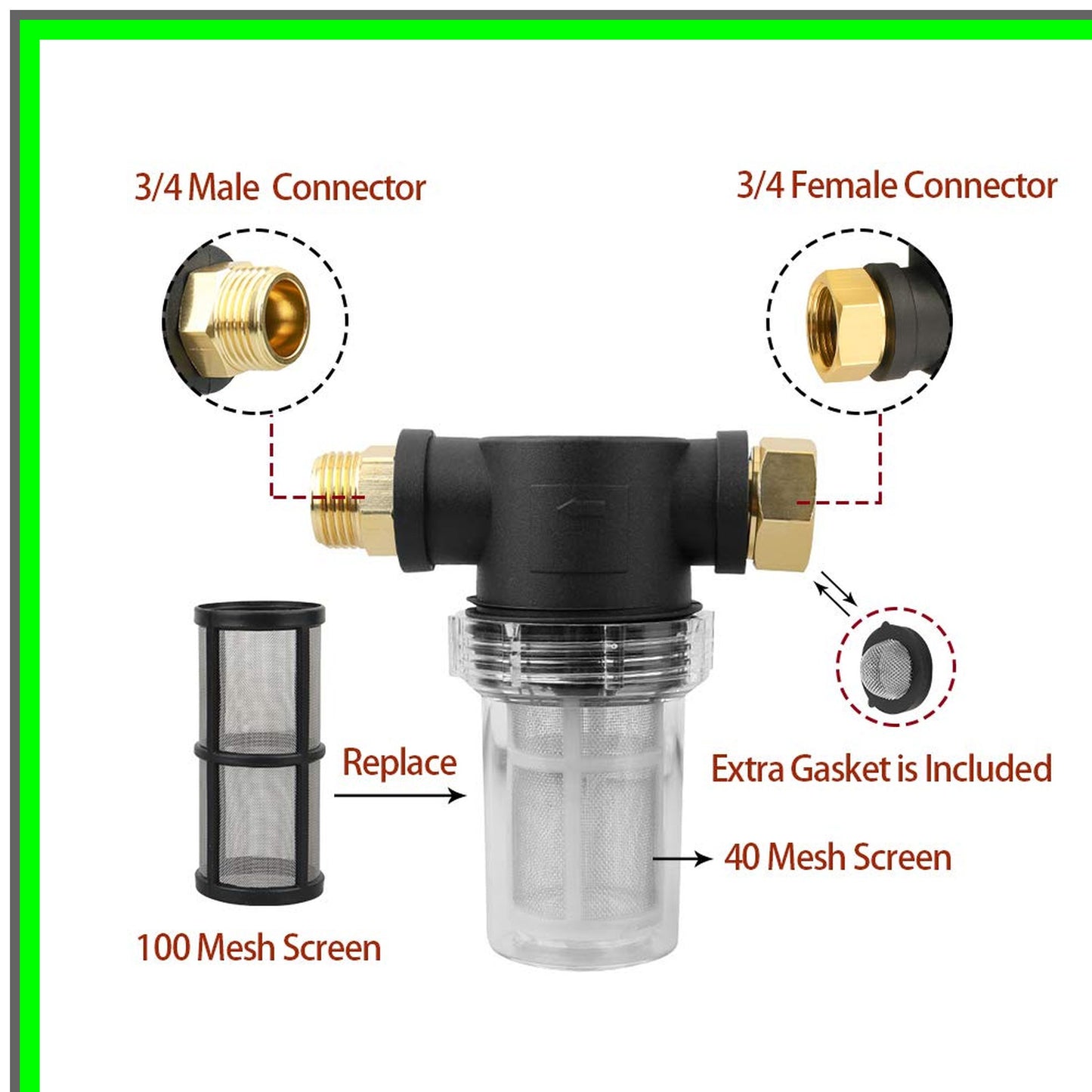 High Pressure Washer Garden Hose Inlet Filter with 40 Mesh and 100 Mesh Screens