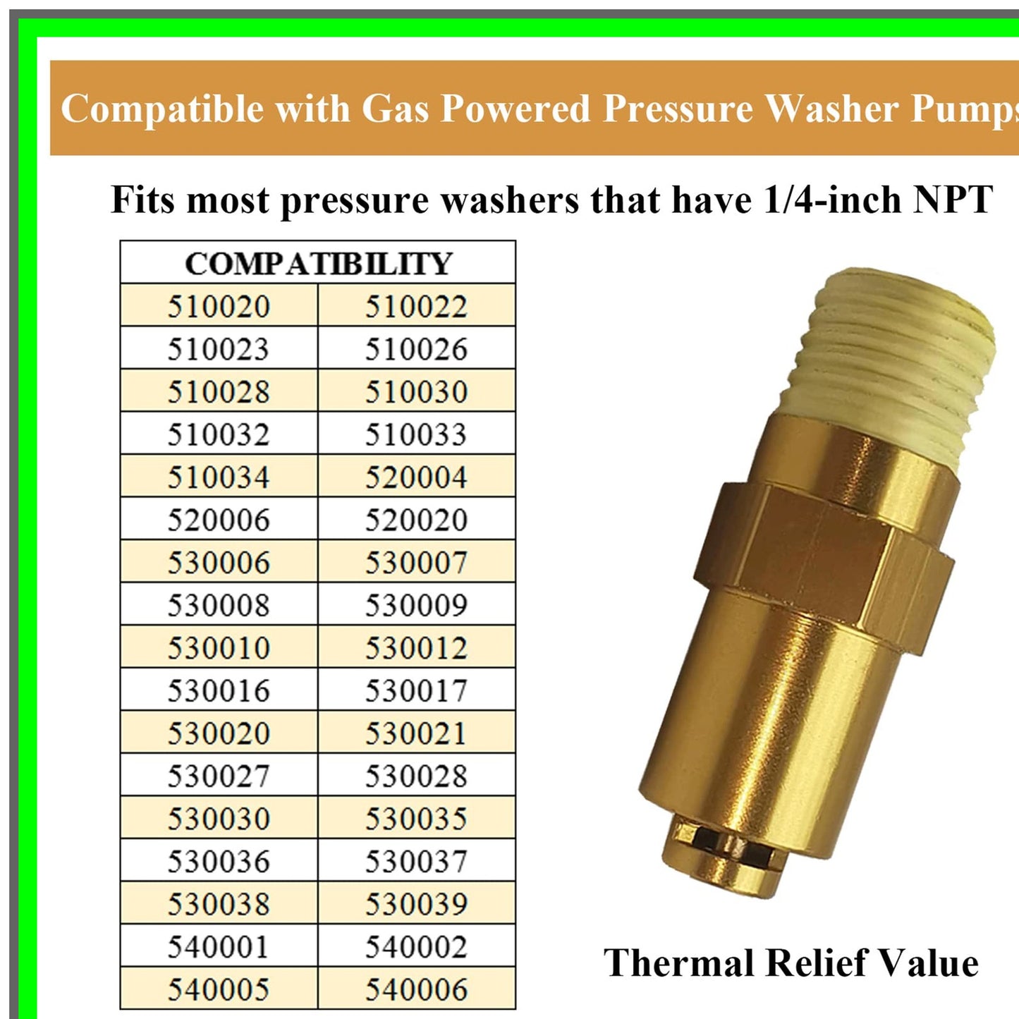 Thermal Relief Valve for Gas Pressure Washer Pumps 1/4 Inch NPT