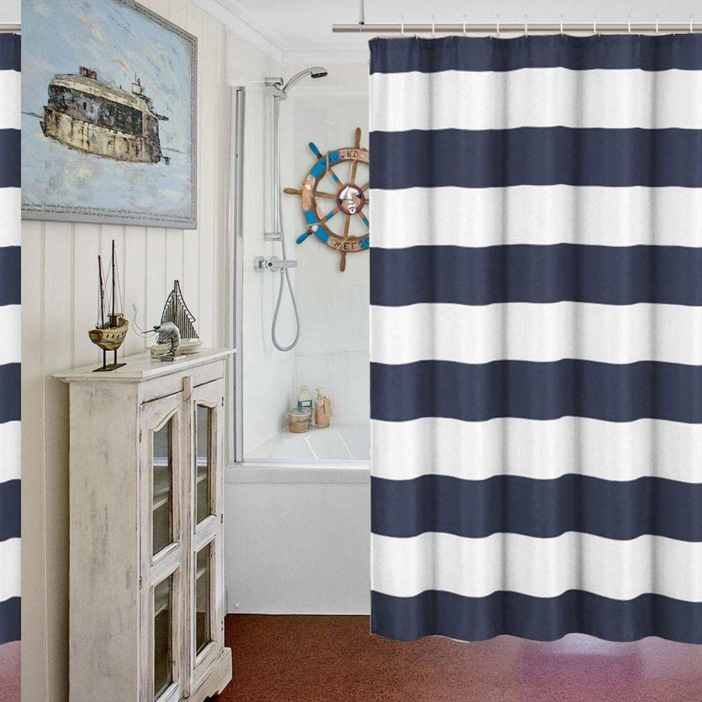 Nautical Stripe Fabric Shower Curtain Navy White 70x72
