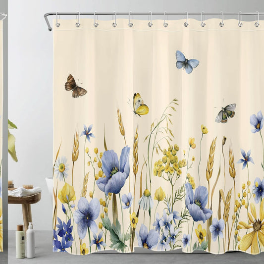 Butterfly Floral Shower Curtain Beige Blue Yellow 72x72