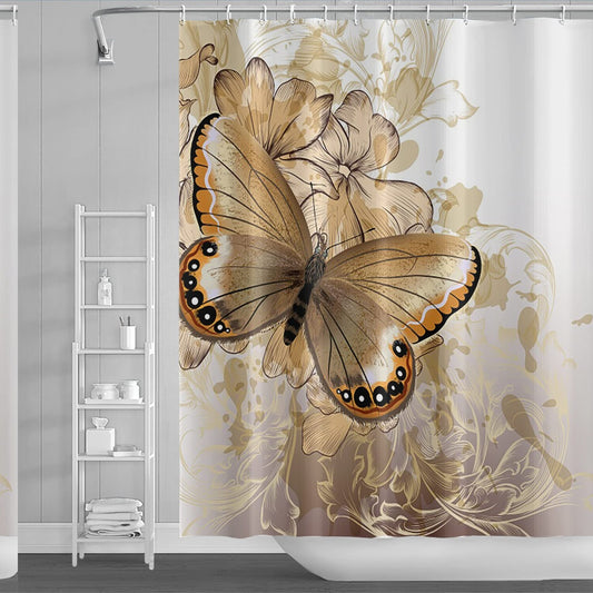 60x72 Inch Vintage Golden Flower Butterfly Shower Curtain