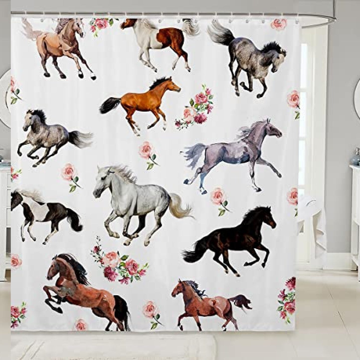 Horses Floral Animal Theme Waterproof Shower Curtain 72x72