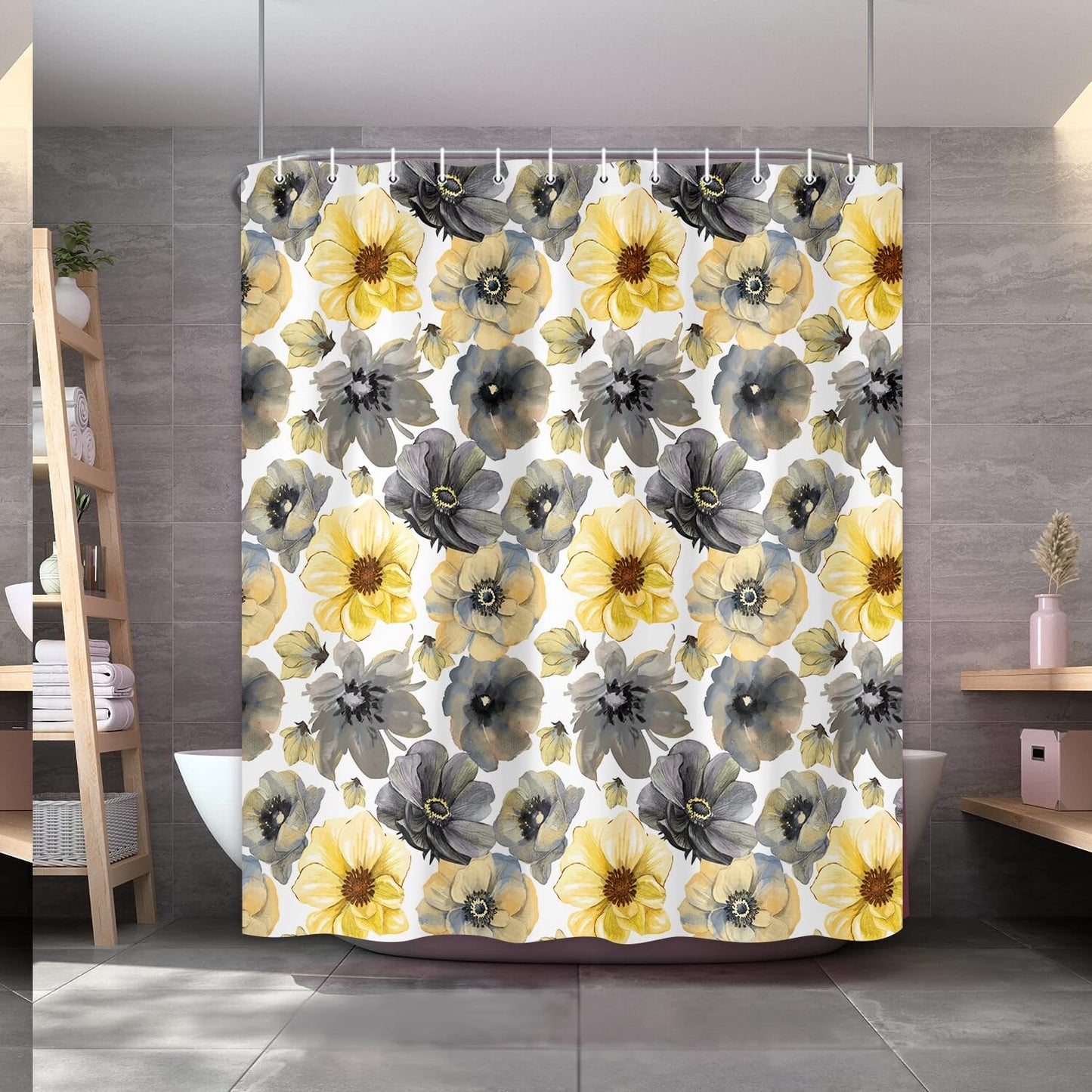 Yellow and Gray Flower Shower Curtain 72x72