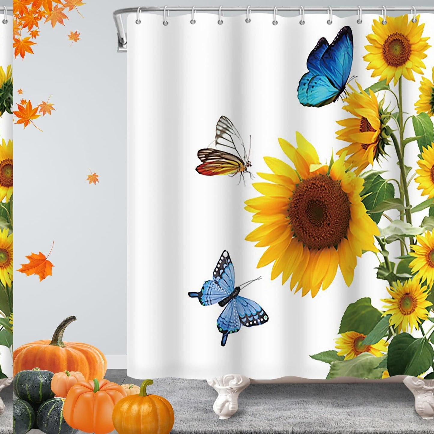 Sunflower Butterfly Waterproof Polyester Shower Curtain 72x72 Inches