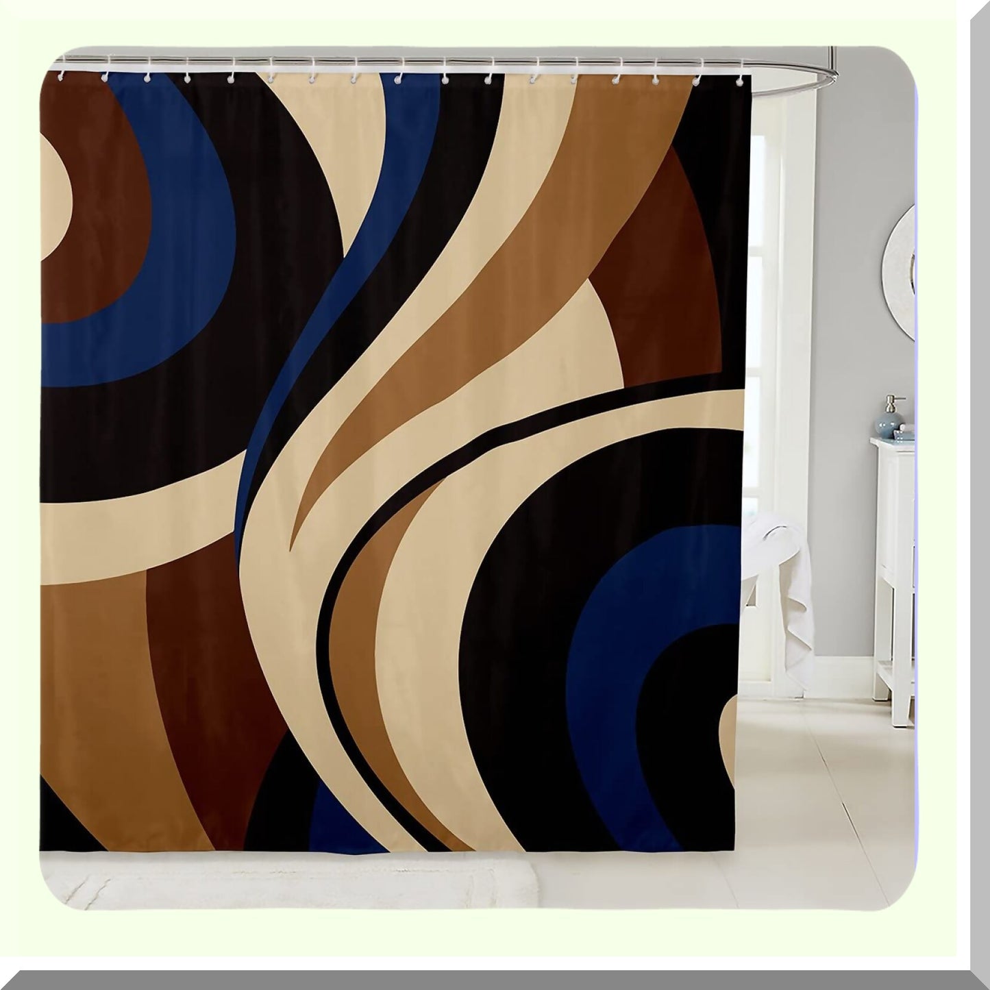 Retro Shower Curtain Navy Blue Brown Black Abstract Stripes 72" x 84"
