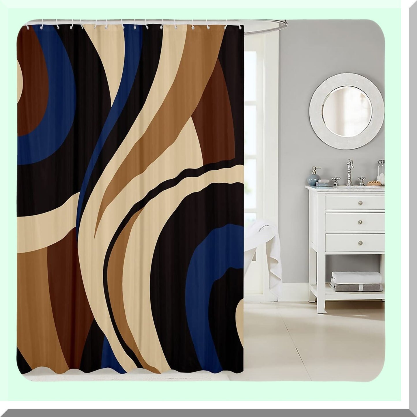 Retro Shower Curtain Navy Blue Brown Black Abstract Stripes 72" x 84"