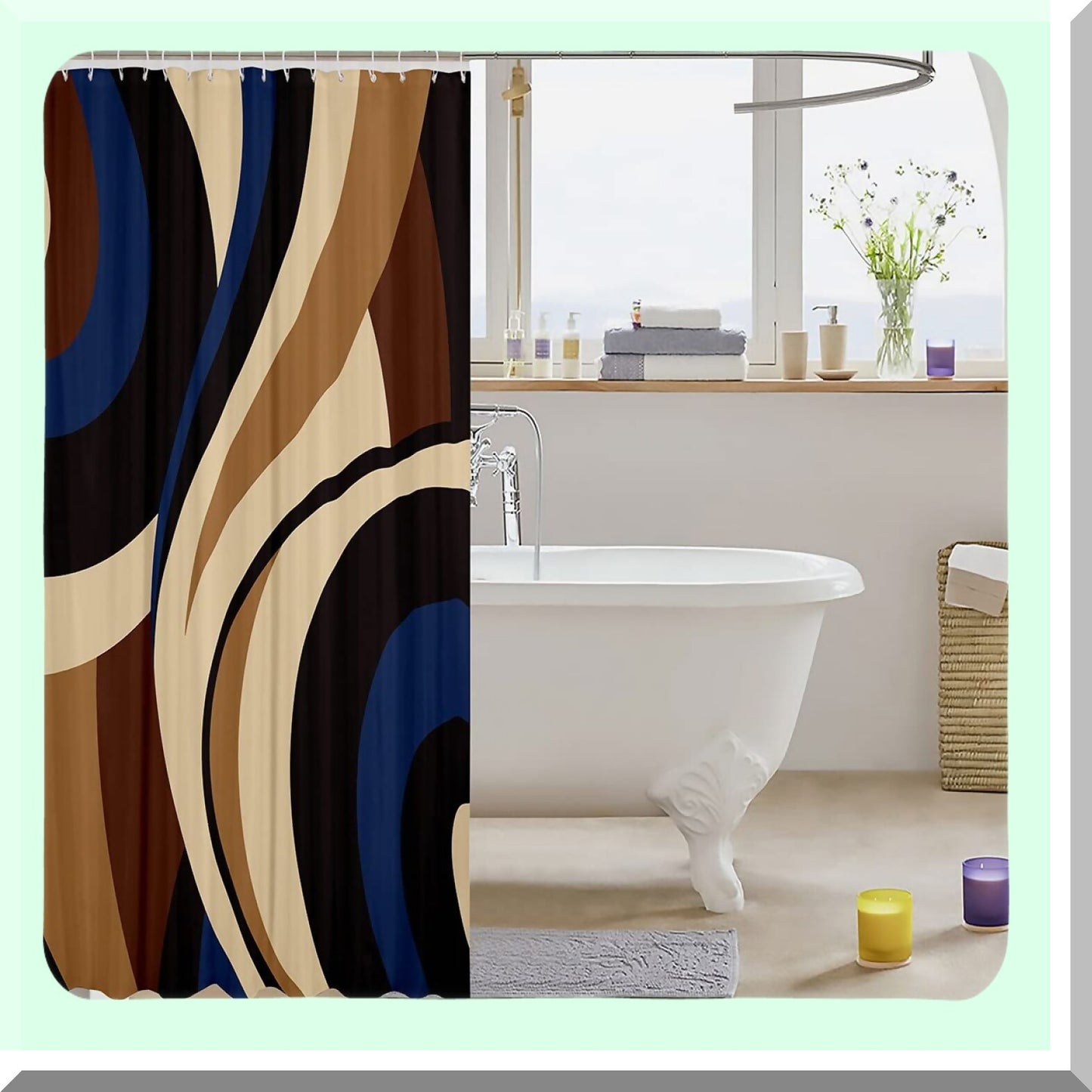 Retro Shower Curtain Navy Blue Brown Black Abstract Stripes 72" x 84"