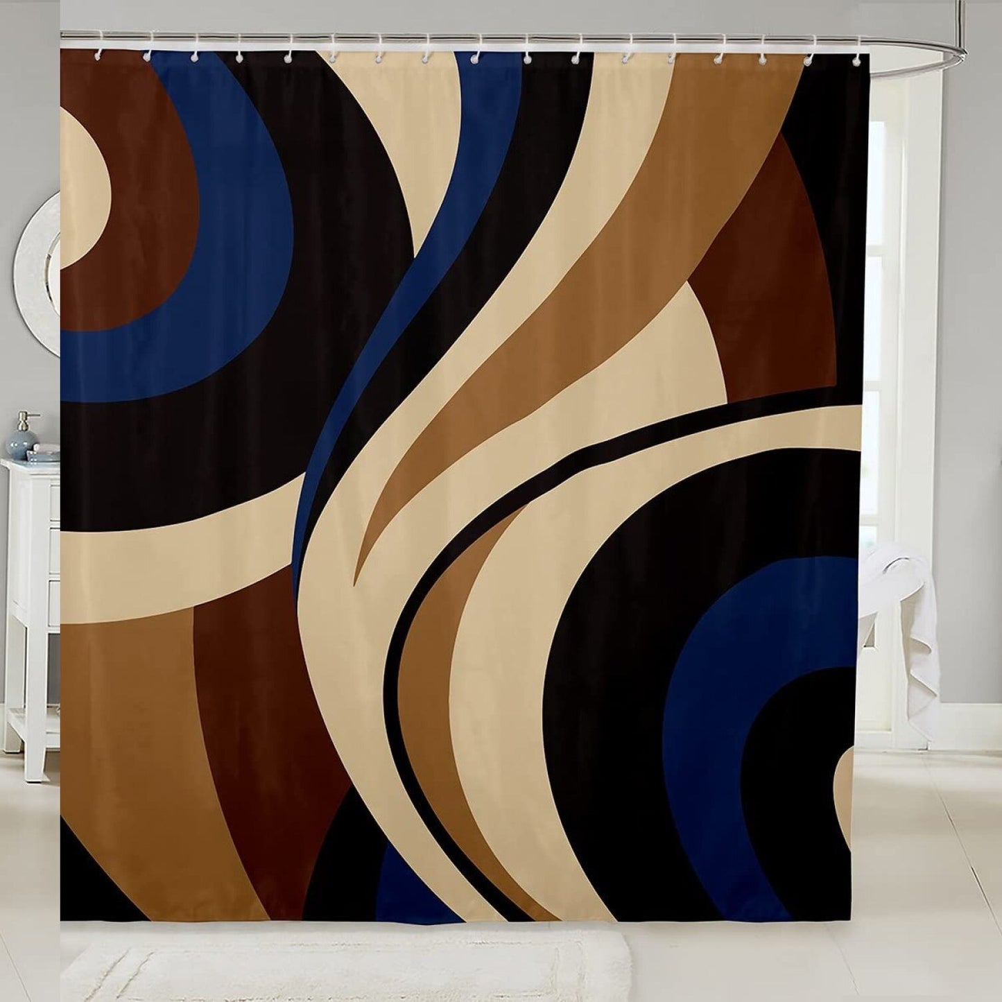Retro Shower Curtain Navy Blue Brown Black Abstract Stripes 72" x 84"