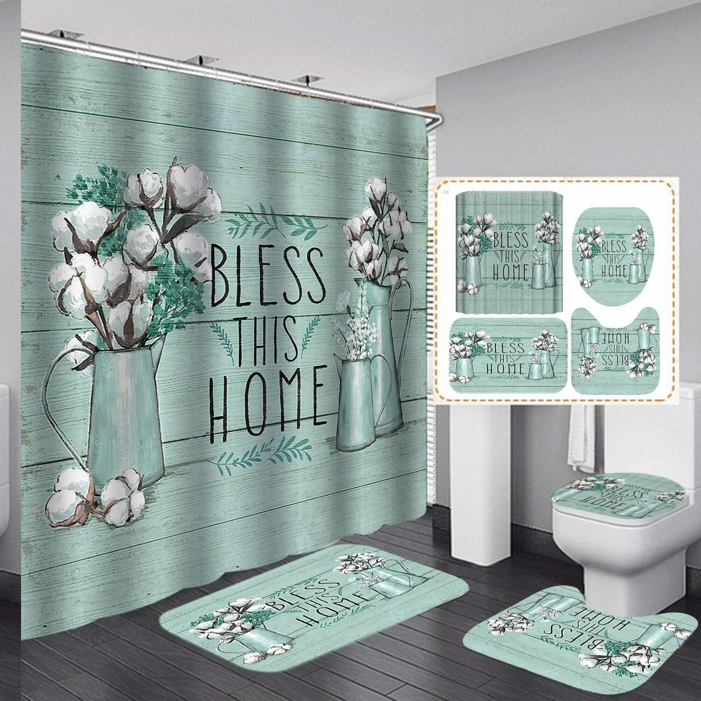 White Cotton Flower Shower Curtain and Rugs Set