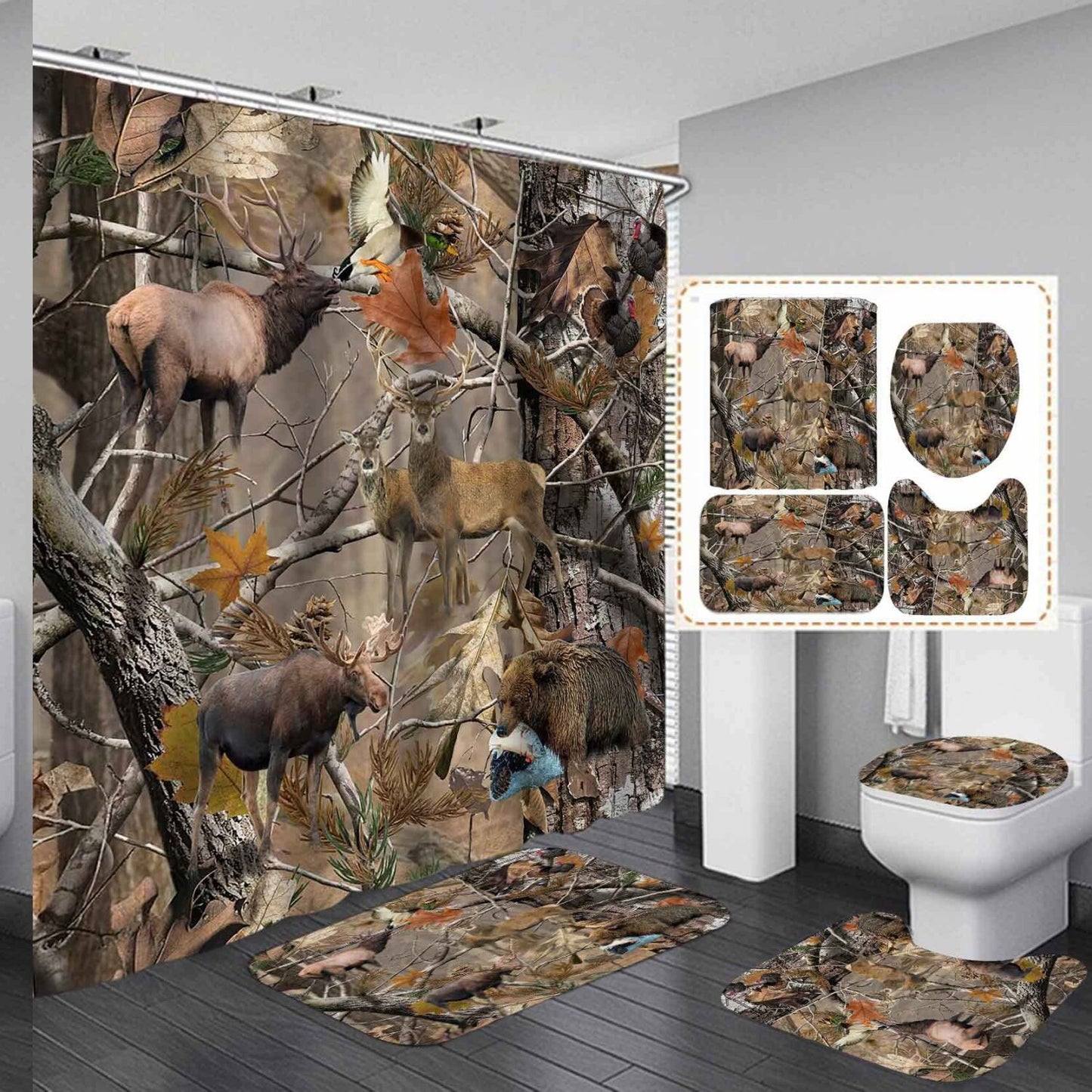 4PCS Camo Deer Shower Curtain and Rug Set