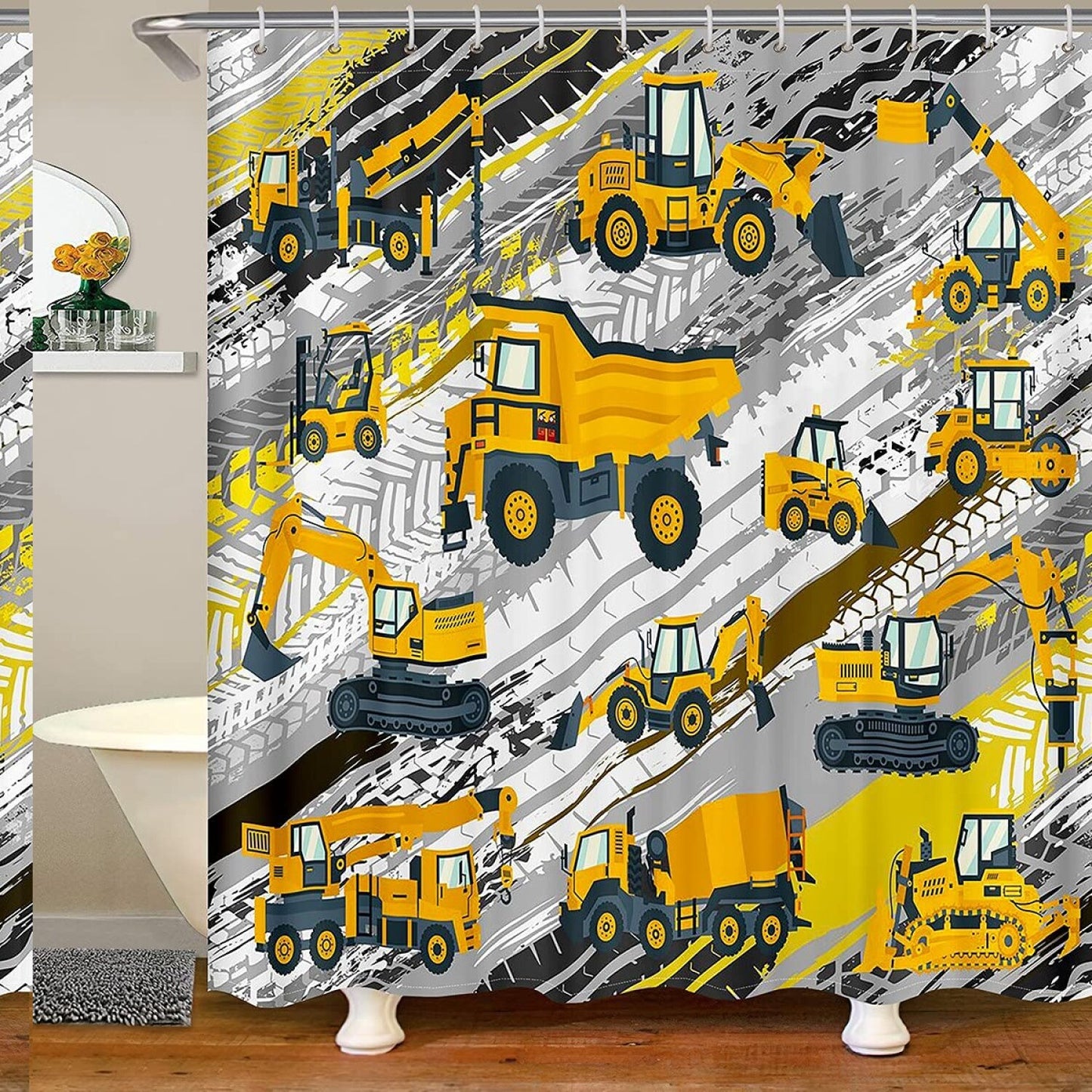 Construction Truck Kids Shower Curtain 72x72 Yellow