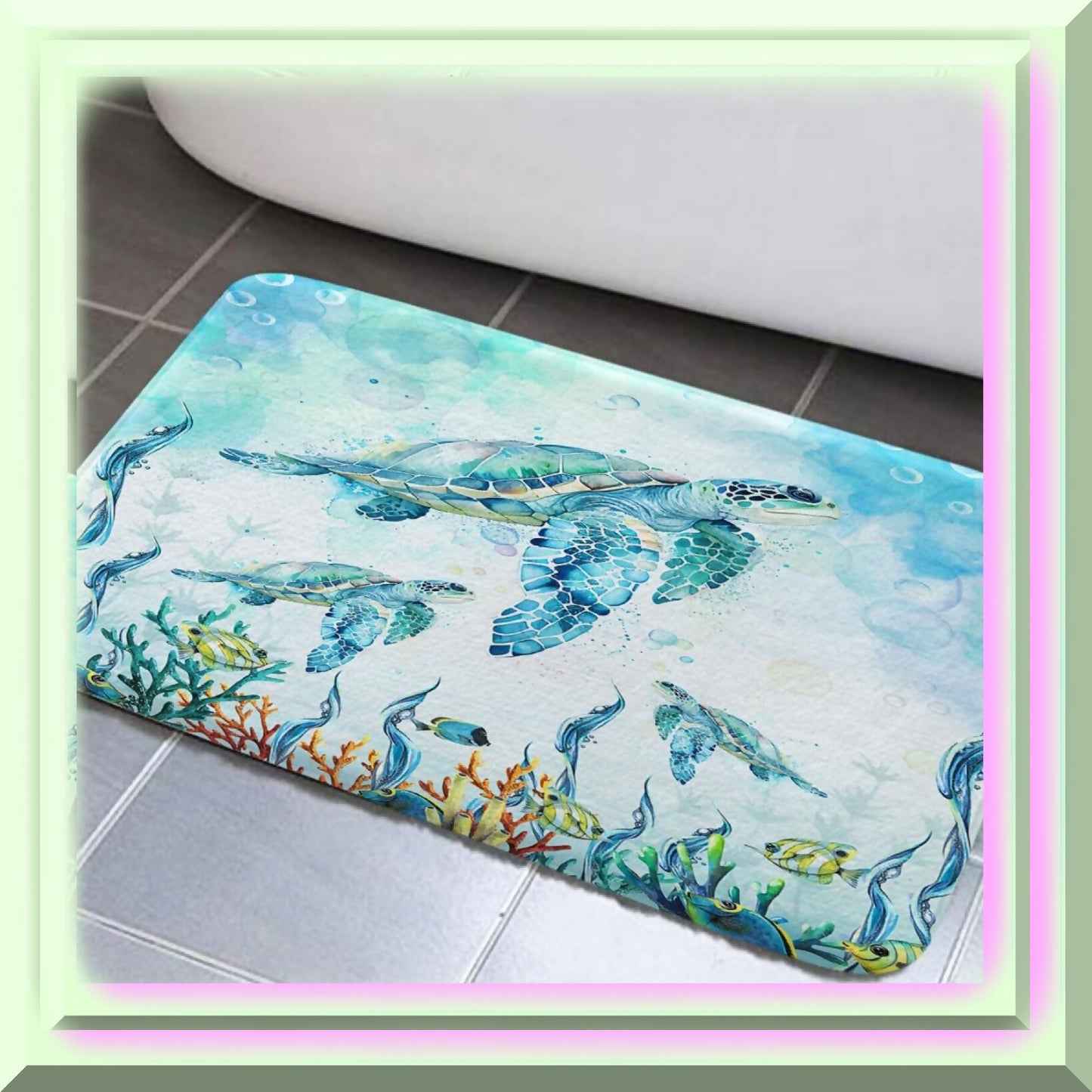 Sea Turtle Bathroom Rug 17" x 29" Blue Non Slip Mat