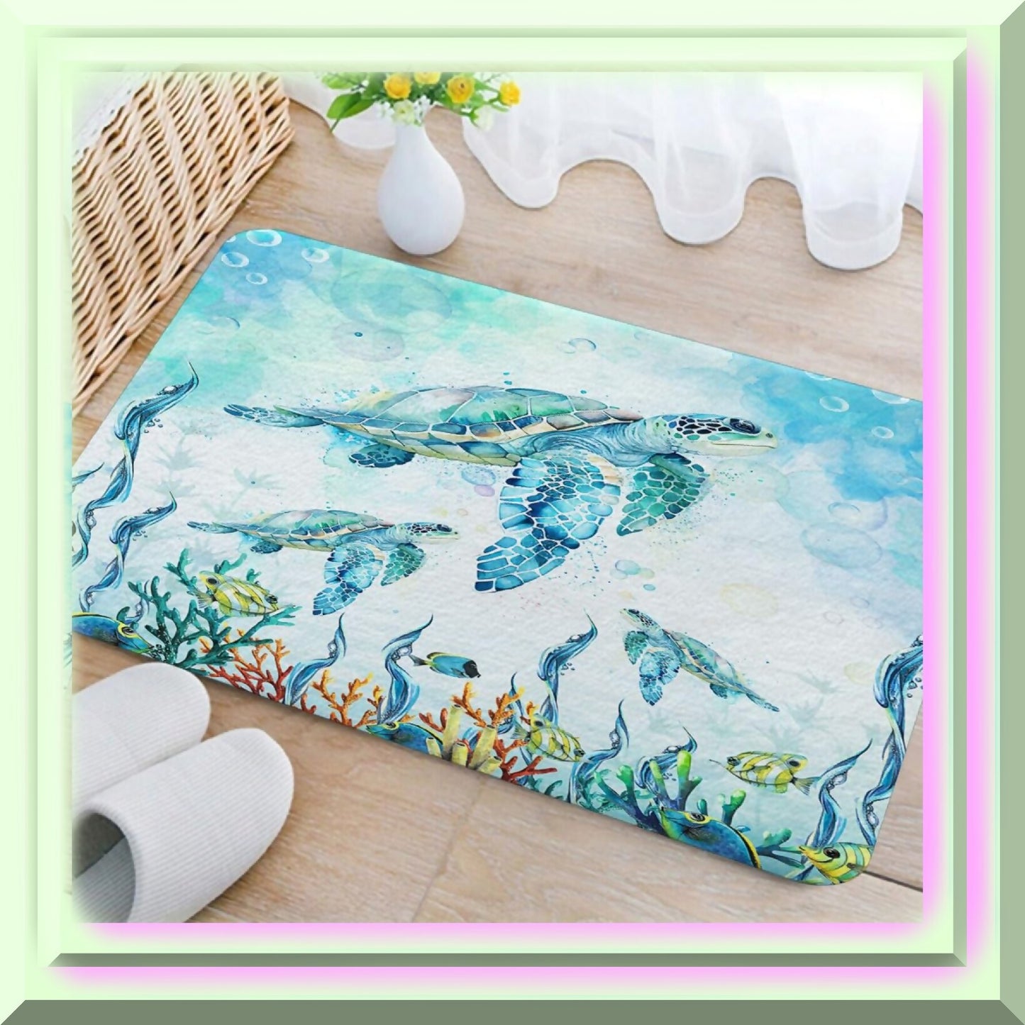 Sea Turtle Bathroom Rug 17" x 29" Blue Non Slip Mat