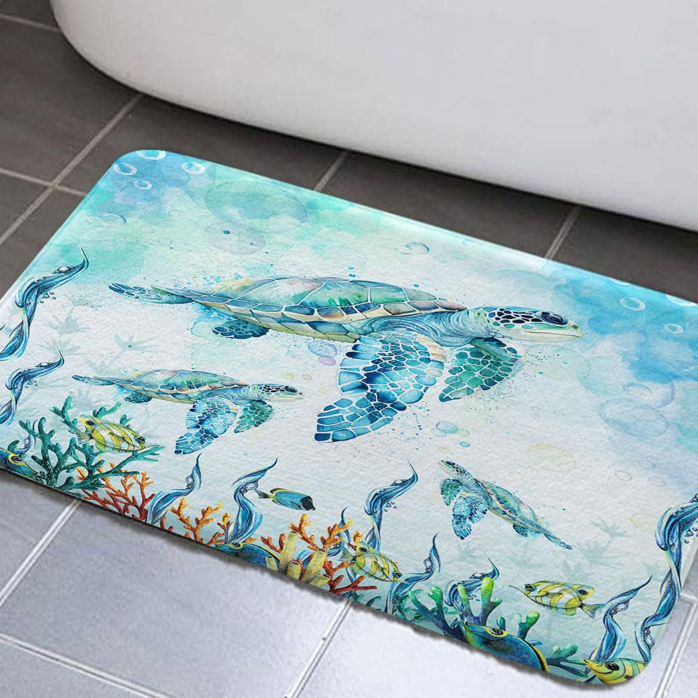 Sea Turtle Bathroom Rug 17" x 29" Blue Non Slip Mat