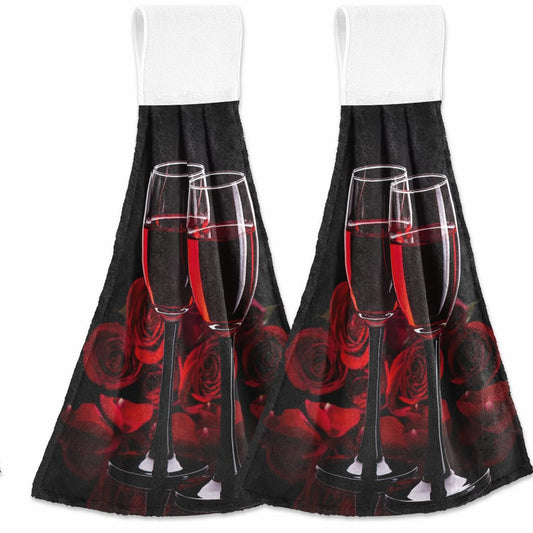 Valentines Red Wine Rose Hanging Towels 2 Pack
