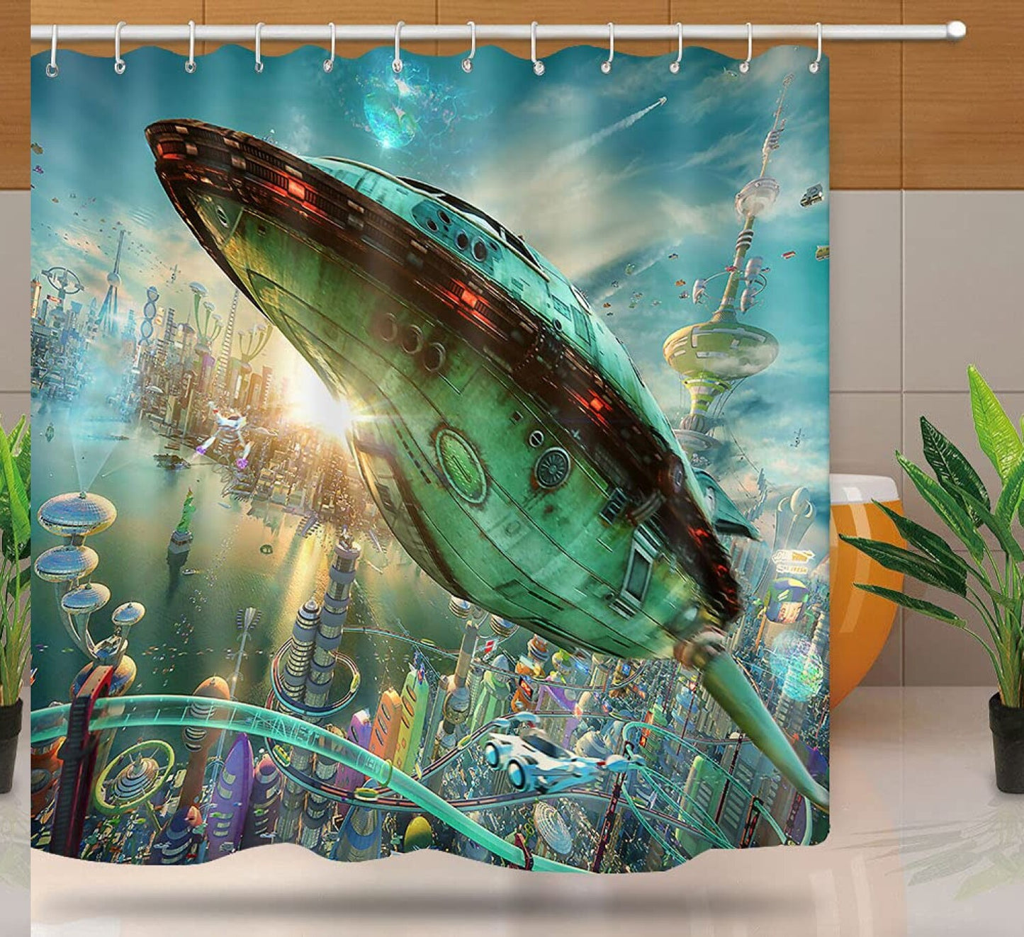 Science Fiction Shower Curtain 72x72 Teal Spaceship Fabric