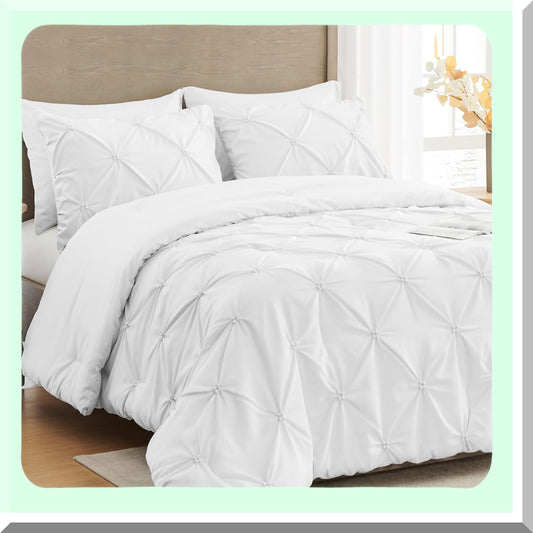 White Pintuck Comforter Set - Soft Fluffy Bedding for All Seasons. Includes Comforter & 2 Pillowcases. Lightweight & Warm Down Alternative.