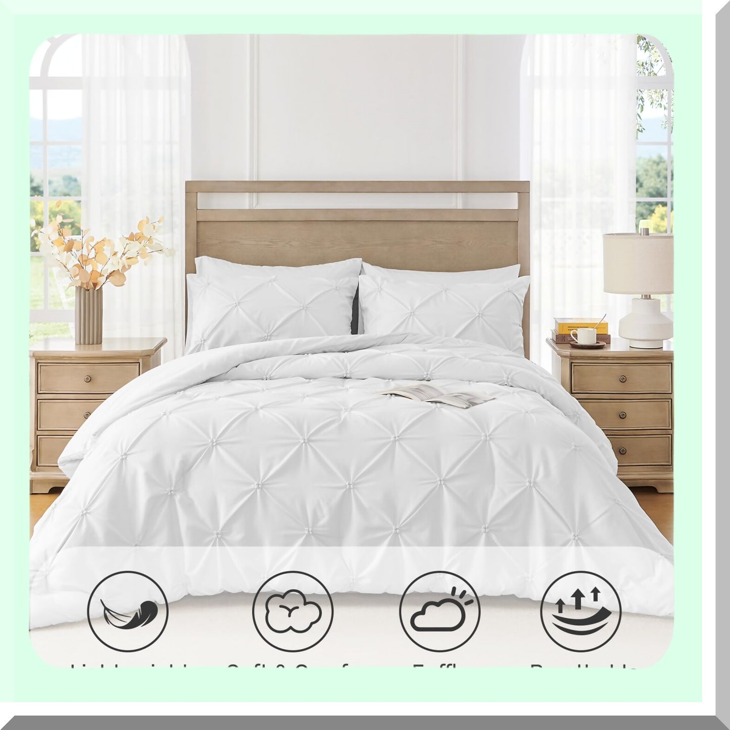 White Pintuck Comforter Set - Soft Fluffy Bedding for All Seasons. Includes Comforter & 2 Pillowcases. Lightweight & Warm Down Alternative.