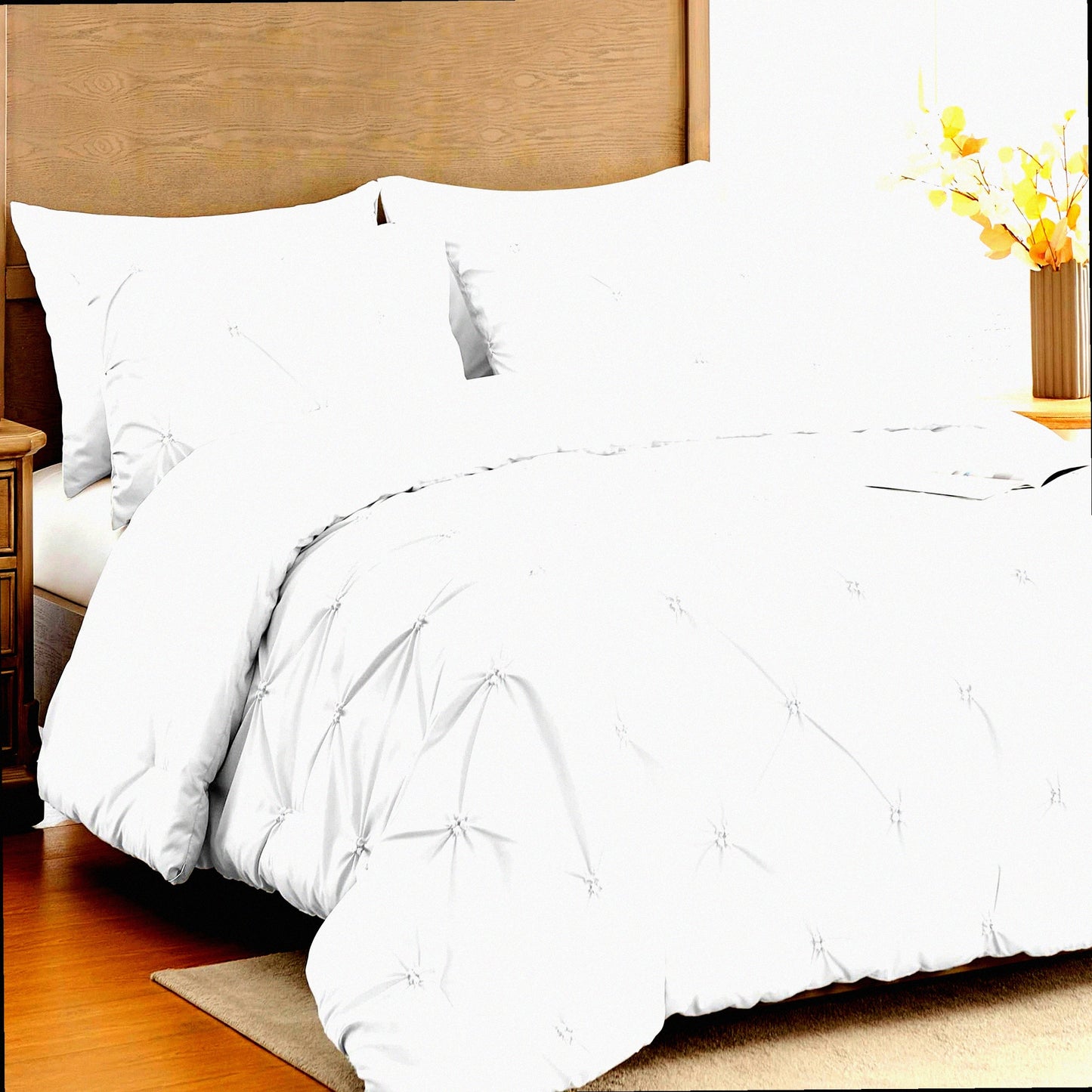 White Pintuck Comforter Set - Soft Fluffy Bedding for All Seasons. Includes Comforter & 2 Pillowcases. Lightweight & Warm Down Alternative.